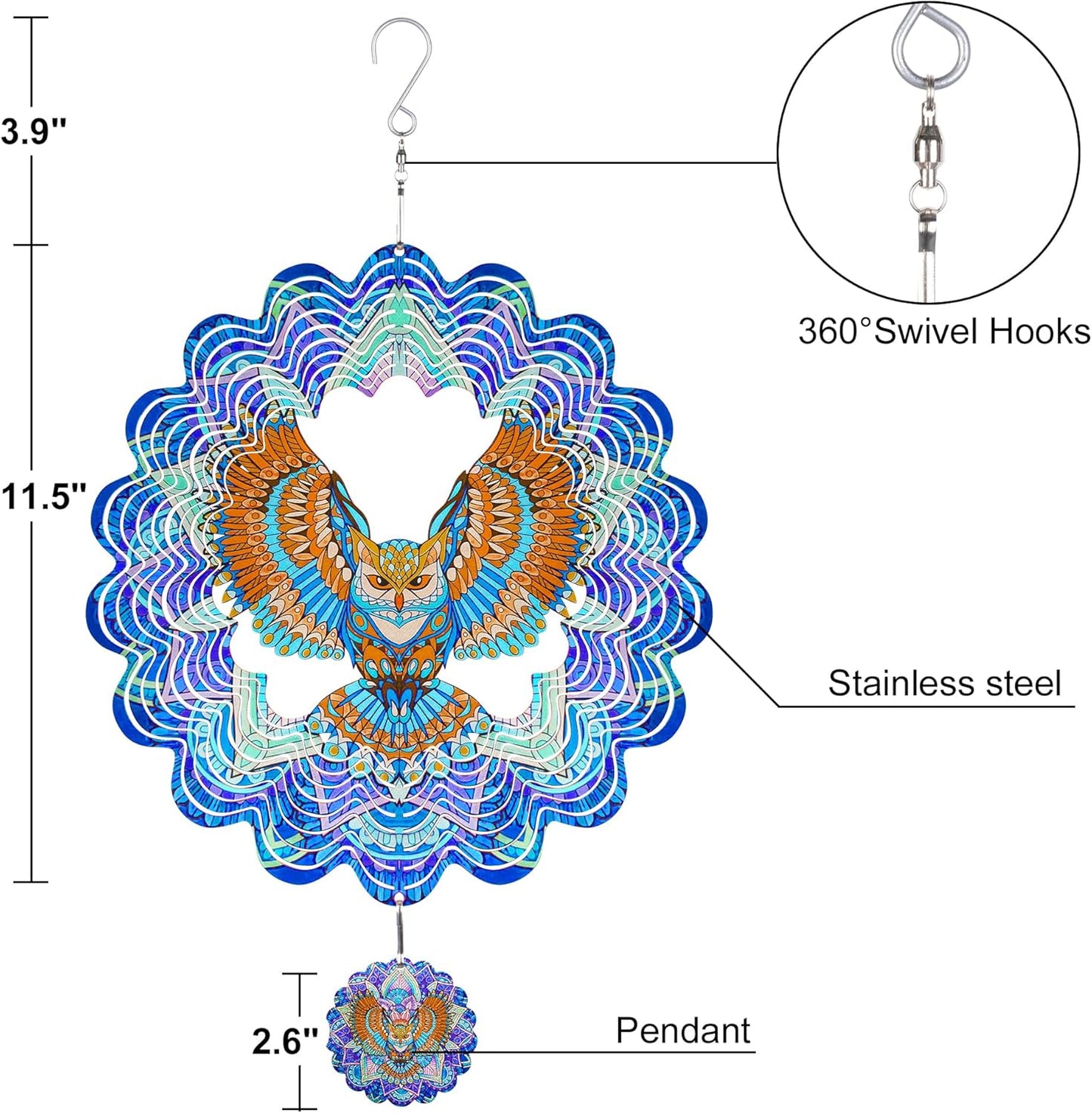 Hanging Wind Spinners Outdoor - Owl Gifts for Mom Dad Grandma, 11.5 Inch 3D Metal Birds Wind Catcher Art Garden Kinetic Wind Sculptures & Spinners for Garden Yard Porch Decor
