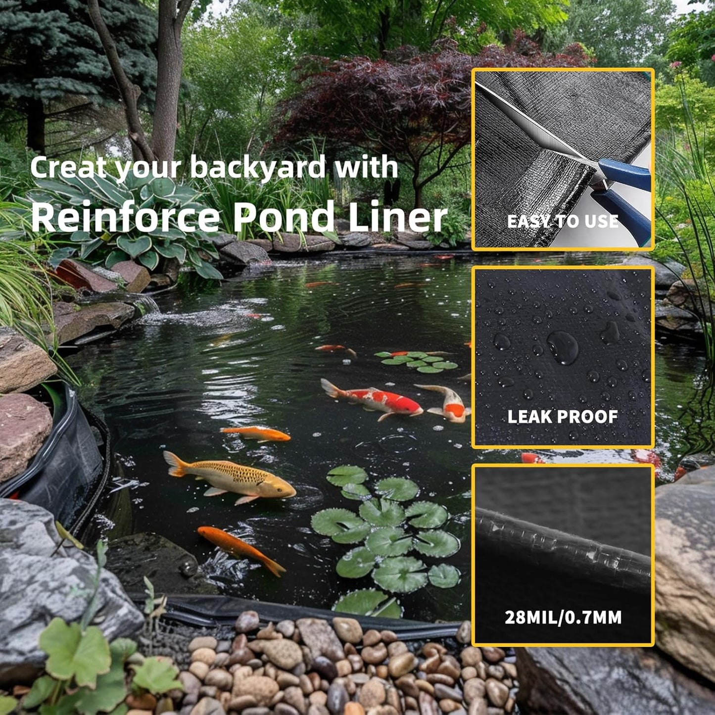 TEZONG Pond Liner,15x20Ft Pond Liners for Outdoor,28Mil PE Black Koi Fish Pond Liner,Reinforced Pond Underlayment for Water Garden,Waterfall,Fountain