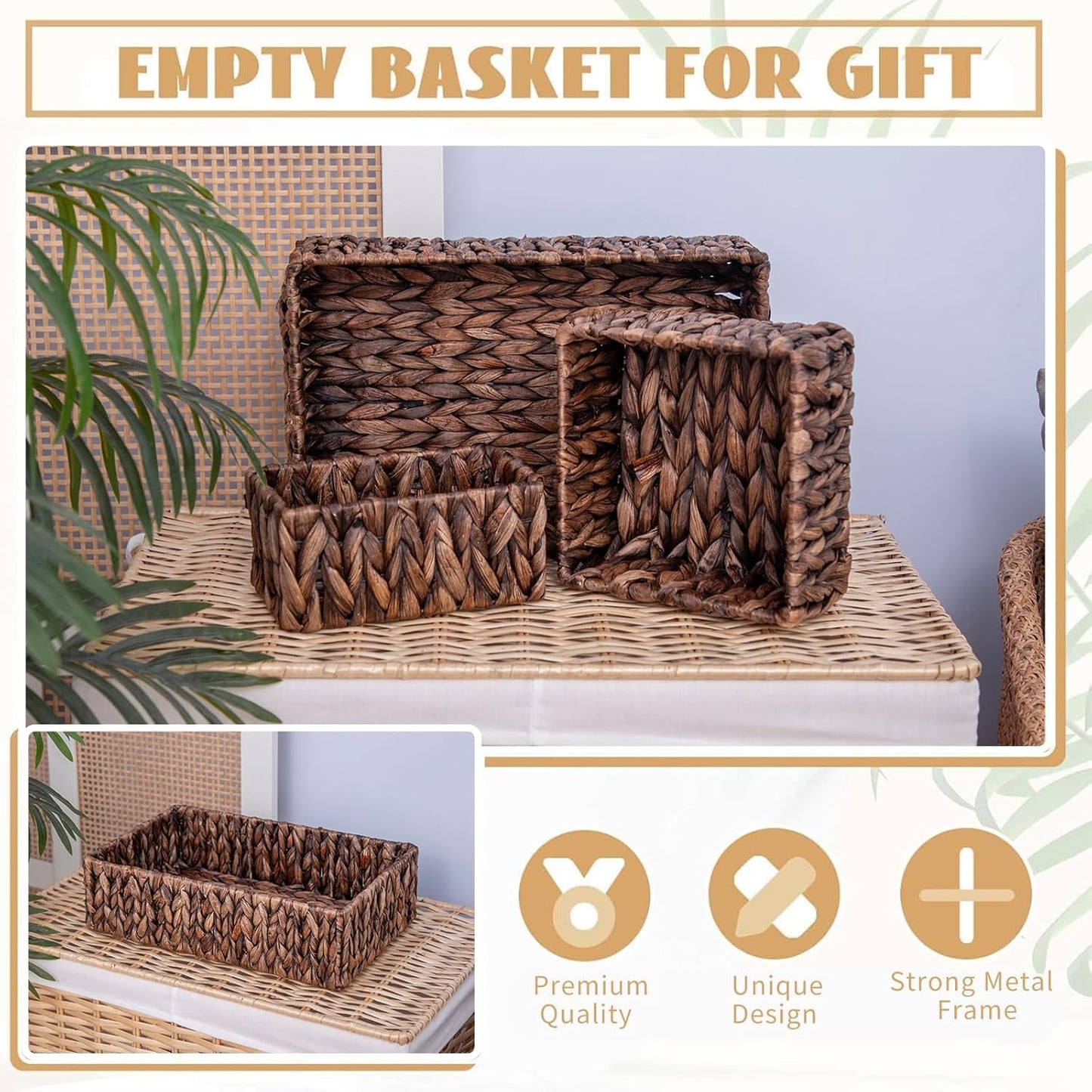 Handwoven Wicker Storage Baskets Set, Natural water hyacinth & Iron Frame | Triple Sizes (Small, Medium, Large) for Home Organizing, Bathroom, Shelves | Woven Baskets for Storage & Decor (Dark Brown)