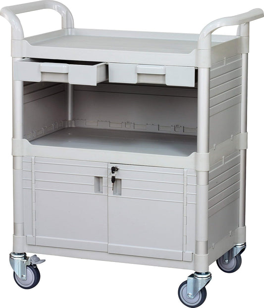 JaboEquip, Larger 3 Shelf Heavy Duty Lockable Hospital cart Medical cart, Utility Cart 606 lbs for Medical, L34.43xD19.69 inch, Off-White (Light Grey) Color