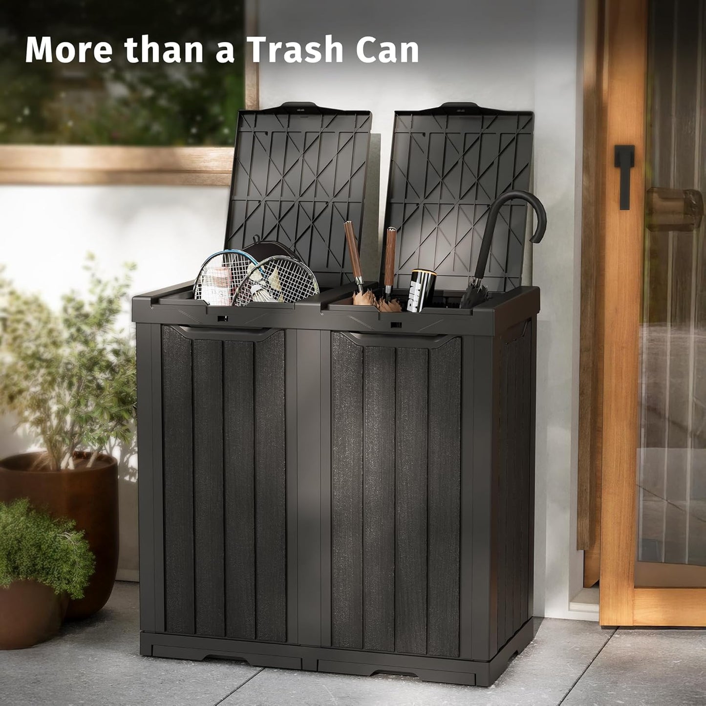 EAST OAK 62 Gallon Outdoor Trash Can | Waterproof Resin Garbage Can with Recycle and Garbage Labels | Secure Bag Lip Lock and Drip Tray | Outside Trash Bin for Patio | Kitchen, Backyard or Deck | Gray