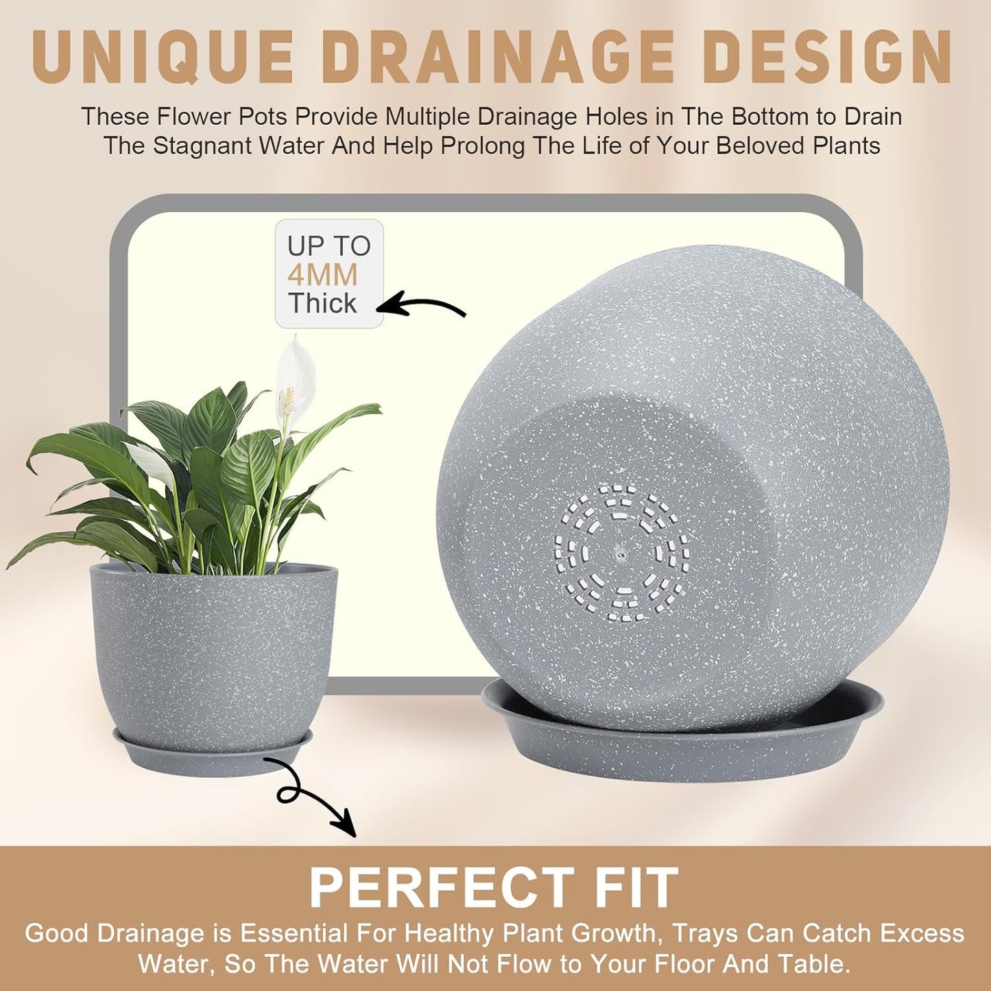 Plant Pots 10/9/8/7.5/7 inch Flower Pots with Multi Mesh Drainage Holes, Planters for Indoor Outdoor Garden Plants and Flowers. (Gray)