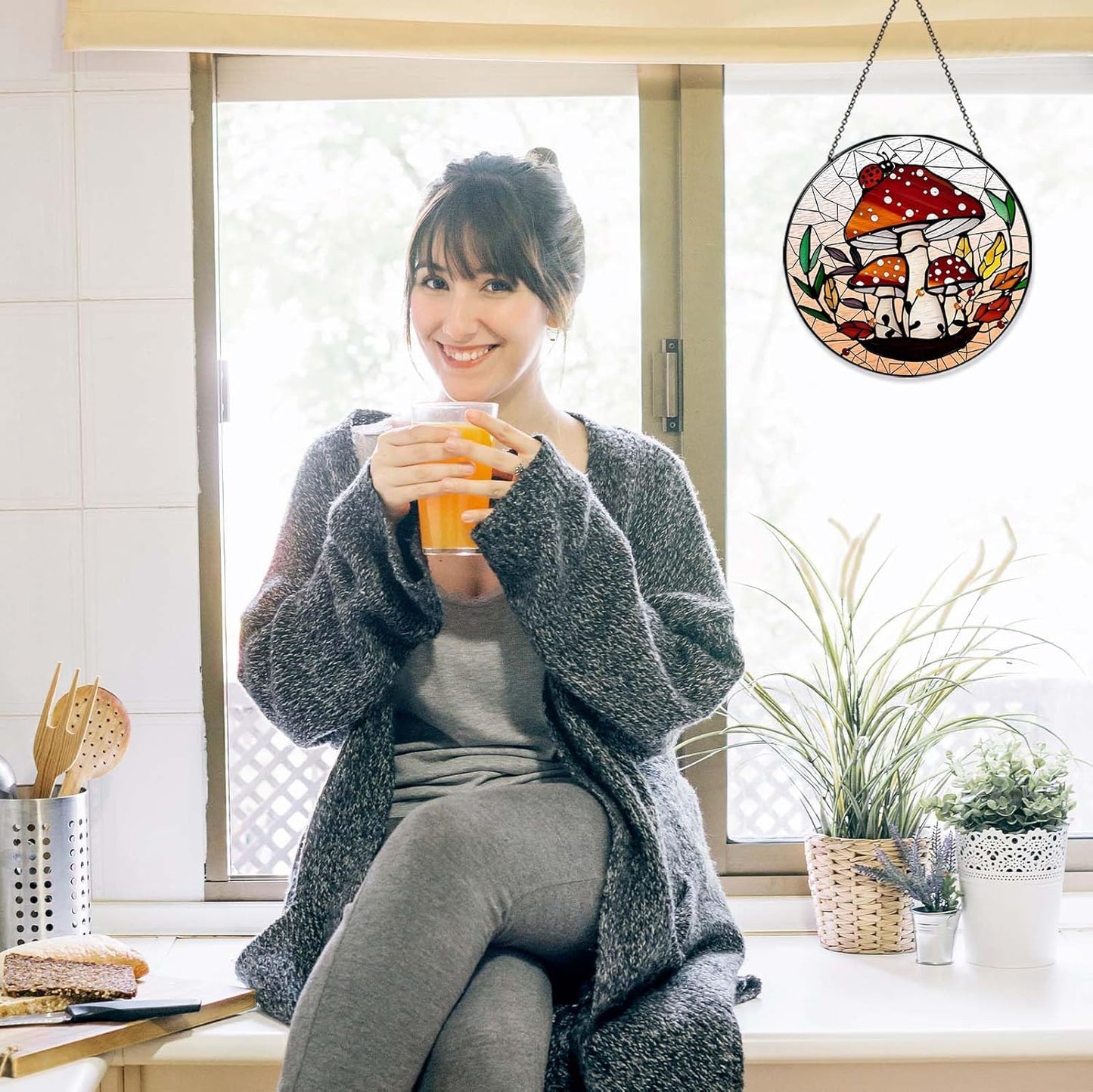 Mushroom Forest Sun Catcher Stained Glass Window Hanging Mushroom Lover Gifts for Women Wall Decor Handmade Sun Catcher Decoration for Home Graden Housewarming Gifts