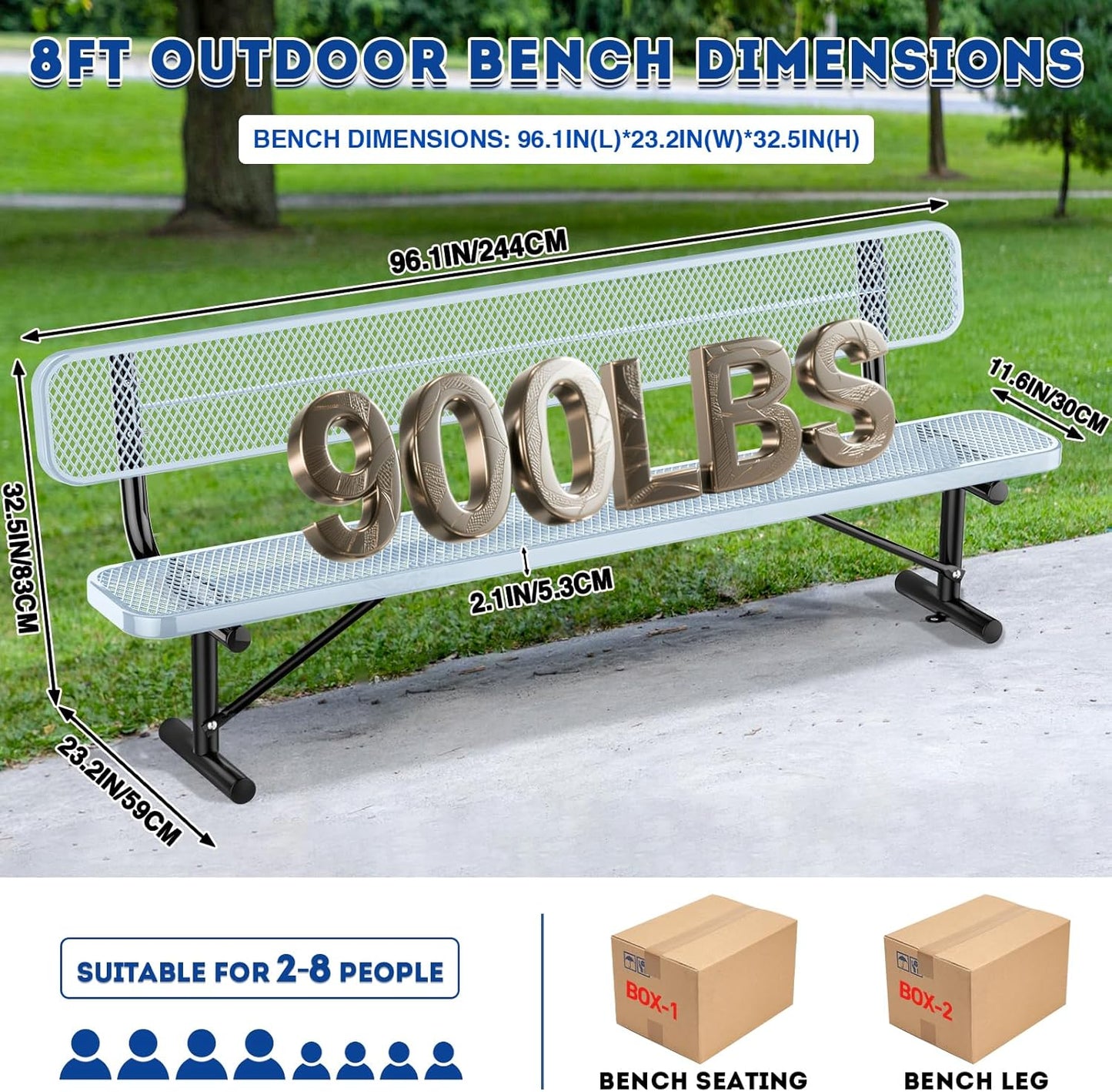 8Ft Heavy Duty Park Bench with Back Portable Frame, Outdoor Steel Bench with Backrest, Expanded Metal Mesh Bench for Lawn, Park, Deck, Garden, Patio, Porch, Grey
