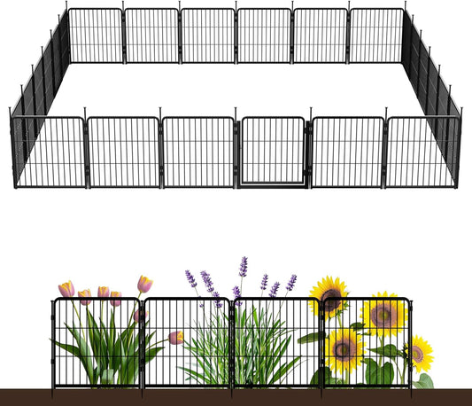 Decorative Garden Fence with Gate 24 in(H) x 44.5 ft(L) 24 Panels, Heavy Duty Metal Animal Barrier Fence for Yard, Flower Bed Fencing, Garden Border Fence, Easy Set Up, Black