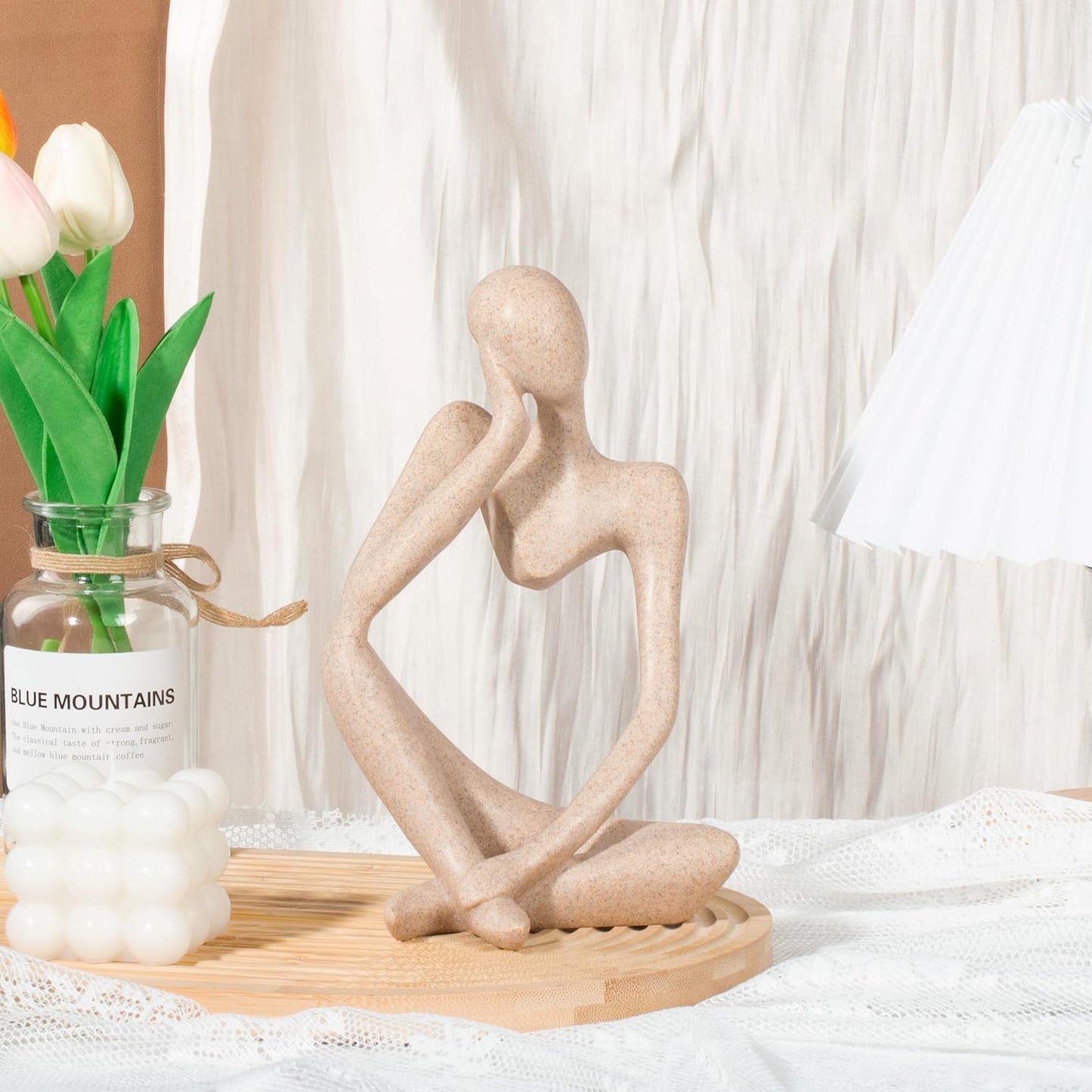 INNOLITES Boho Decor Thinker Statue Abstract Art Sculpture, Sandstone Resin Collectible Figurines for Home Living Room Office Shelf Decoration (Sandstone Left)