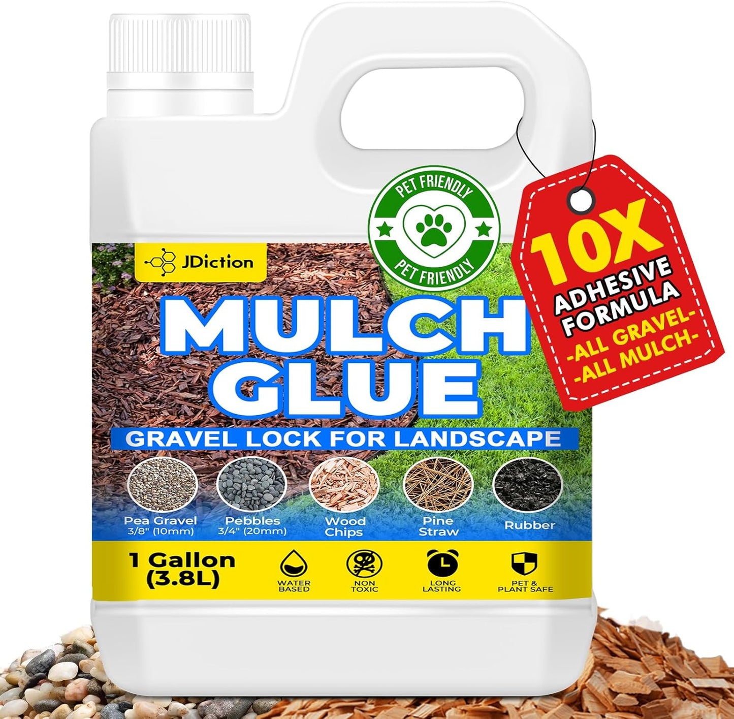 JDiction Mulch Glue for Landscaping – 1 Gallon Gravel Binder, Rubber Mulch Stabilizer, Landscape Mulch Lock Adhesive, Concentrated Rock Glue for Landscaping, Non-Toxic, Fast Drying, Lasts up to 2 Year