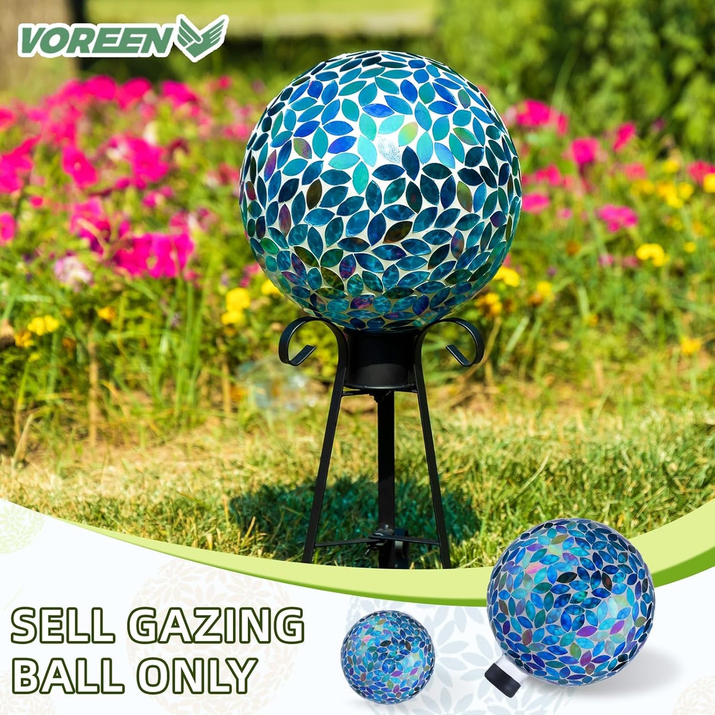 VOREEN 10-Inch Gazing Ball Glass Mosaic Gazing Globe, Handmade Outdoor Reflective Ball Yard Decoration for Homes, Patio, Lawn and Gardens, Gift for Mom Wife Friend, Blue and Amber