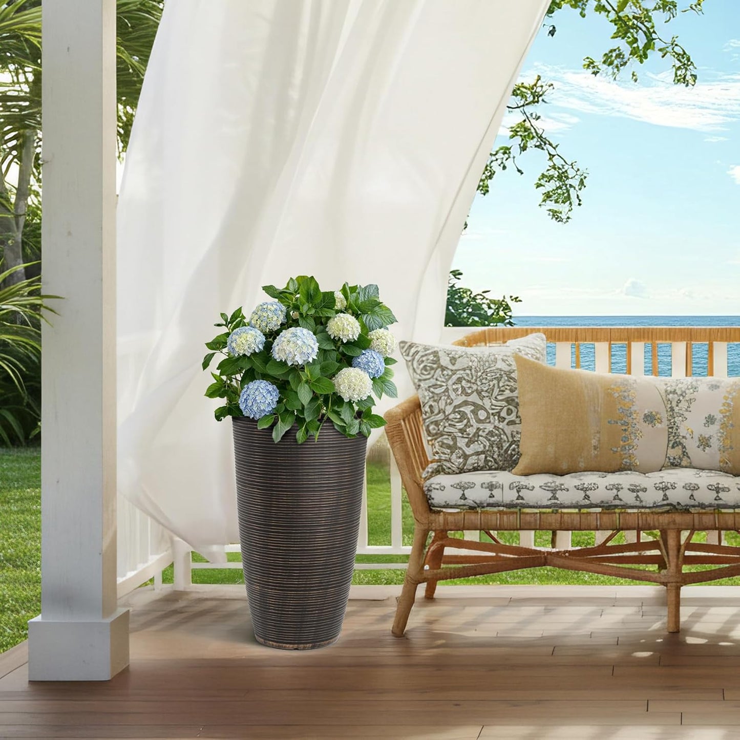 23.5" H Tall Planters, 2-Pack Taper Large Flower Pots for Indoor Outdoor Use, UV-Protect PP Plant Container for Garden Patio Yard Balcony Porch or Home Decor, Bronze Vertical Stripes Texture