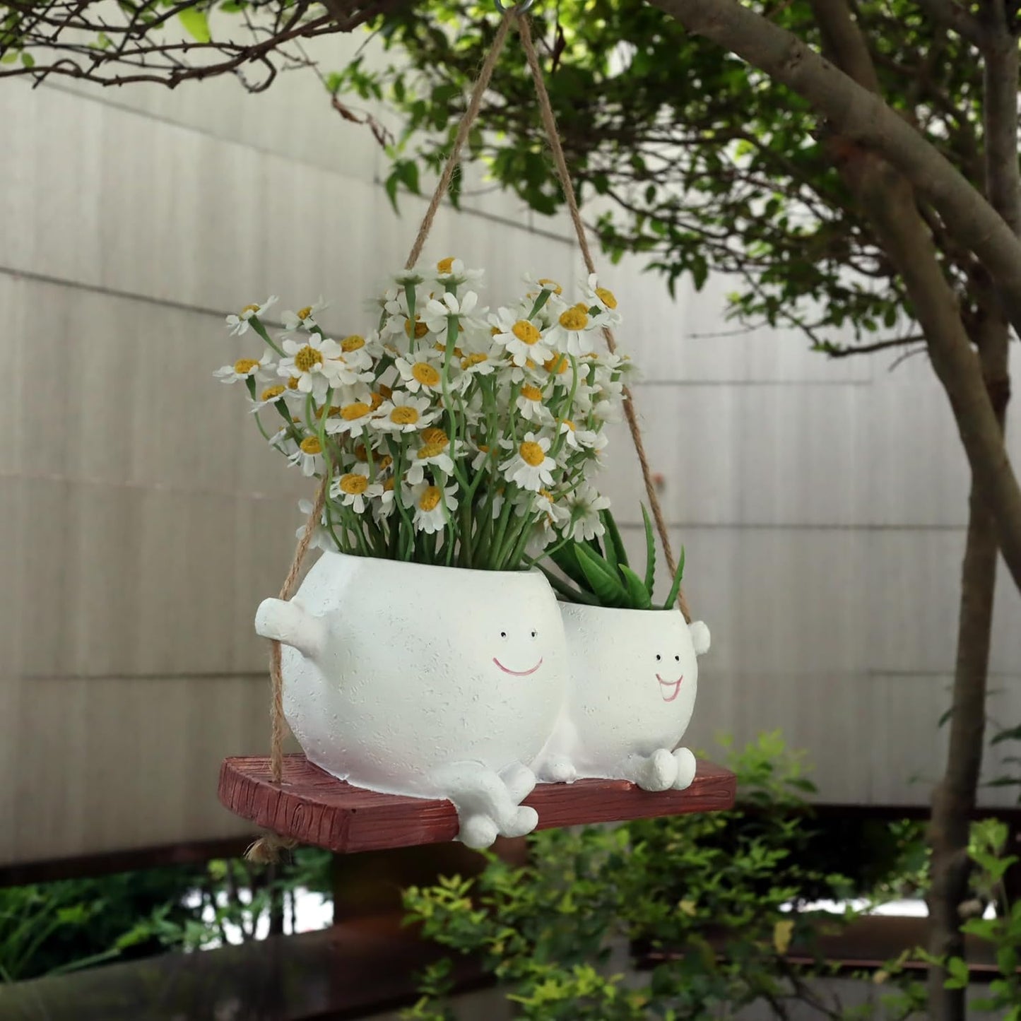 Cute Hanging Face Planter Pots, Funny Swinging Two Head Planters Cactus Plant Pots for Indoor Outdoor Plants, Unique Succulent Wall Planters Whimsical Flower Vase