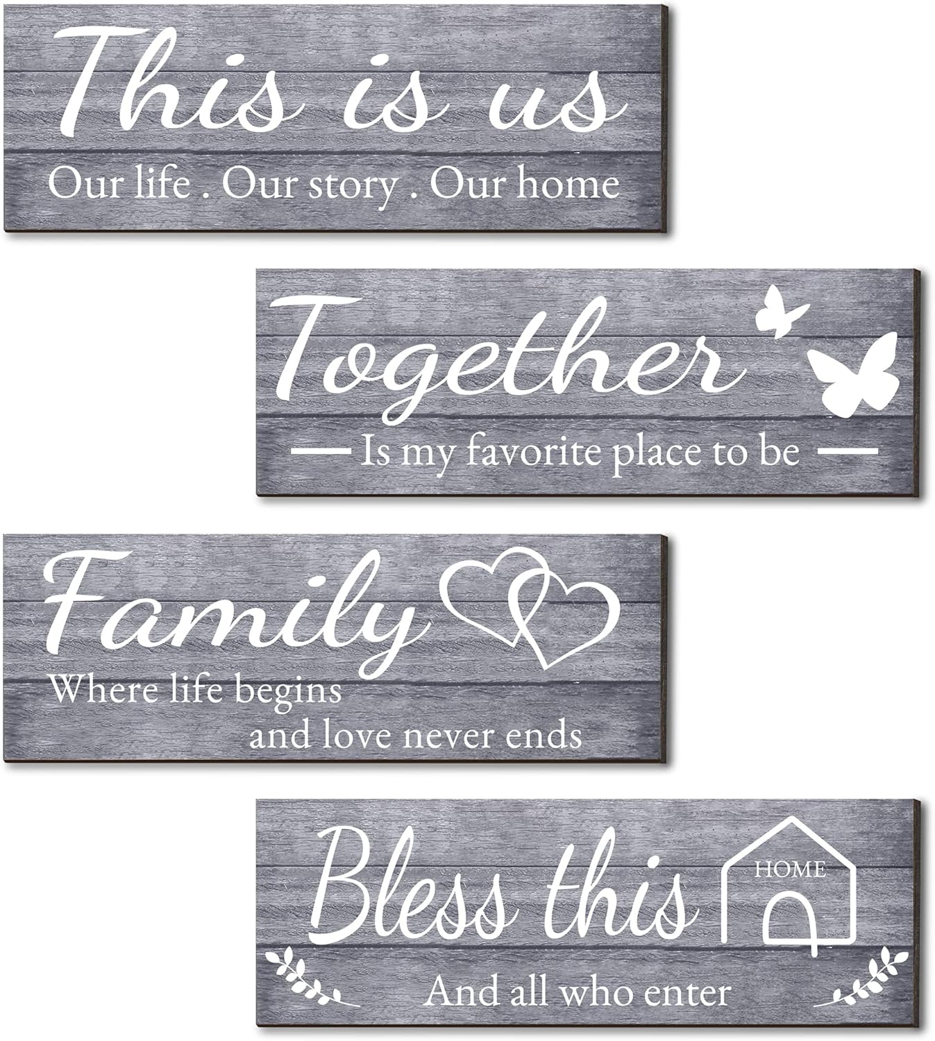 Joyhawk 4 Pieces Wall Decor Signs, THIS IS US, TOGETHER, BLESS THIS HOME, FAMILY Rustic Wooden Farmhouse Wall Art Décor For Living Room Bedroom Kitchen, , 4.7 x 13.8 Inch(Grey)