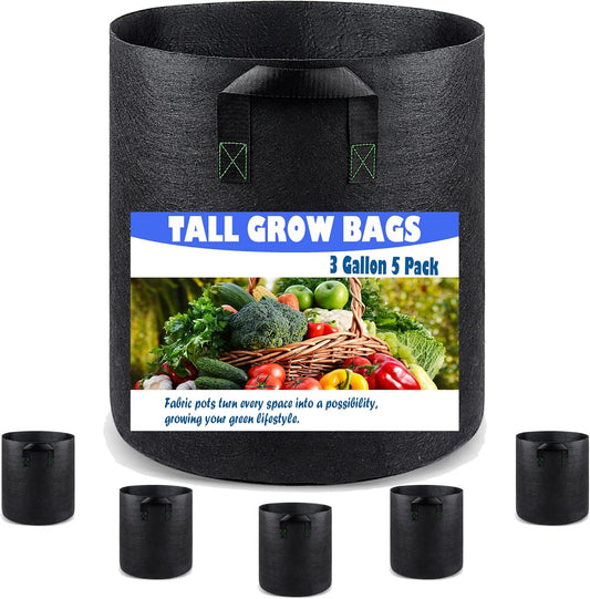 3 Gallon 5 Pack Grow Bags, Heavy Duty Nonwoven Aeration Fabric Plant Grow Pots for Vegetables