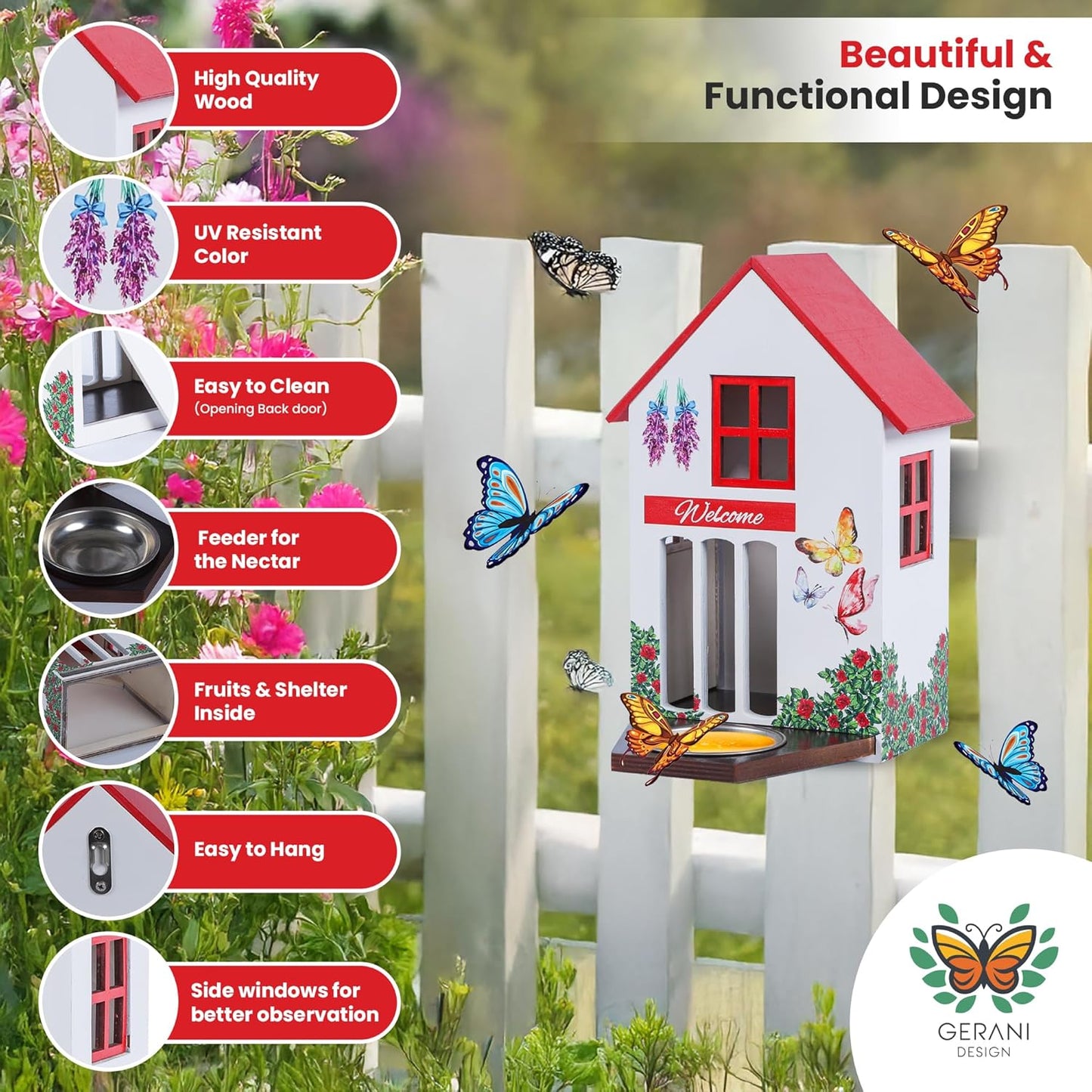 No Assembly Required! Wooden Butterfly House and Feeder for Outside with Hook, Durable Butterfly Habitat with Puddler, Unique Vibrant Design, Hanging Garden Decoration, Easy Cleaning