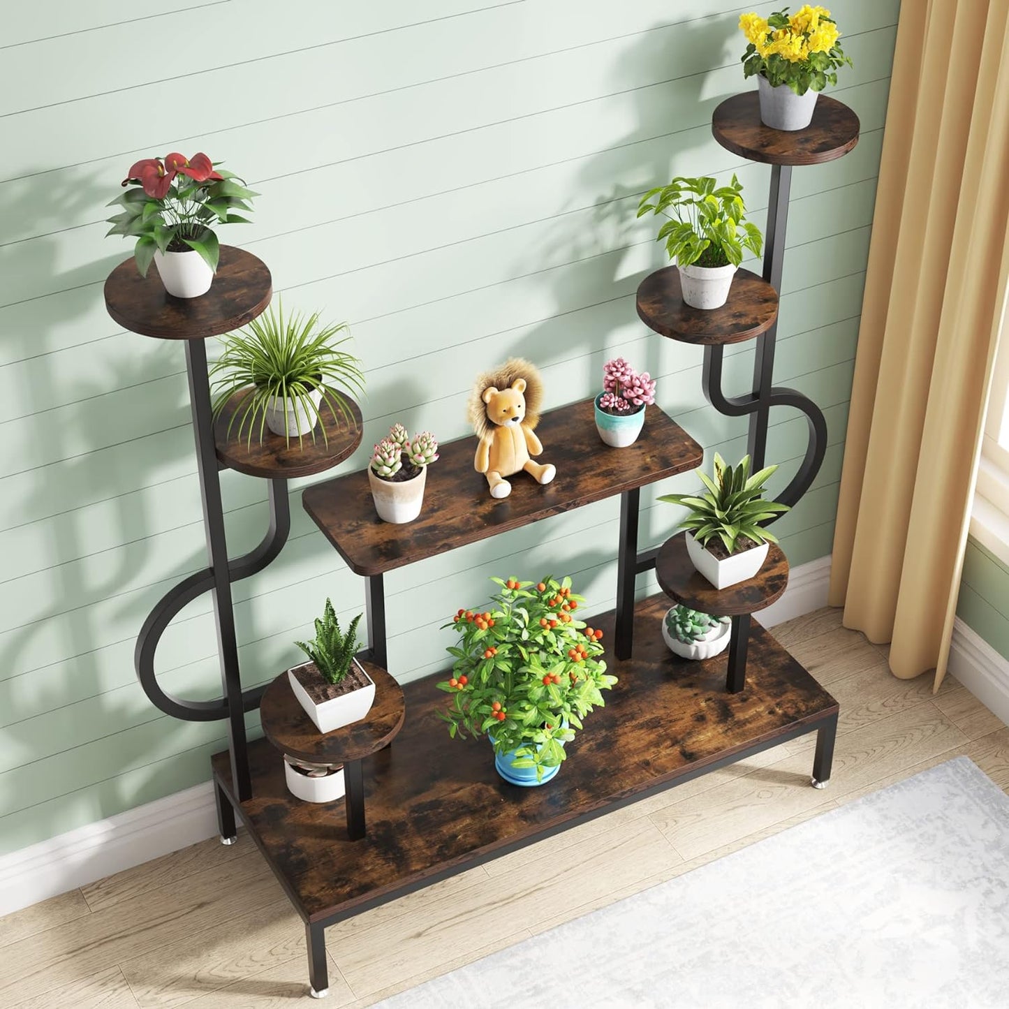 Tribesigns 8-Tier Metal Plant Stand, Large Tall Plant Shelf for Multiple Plants, Round & Square Boards, Wood Indoor Ladder Holder Flower Rack for Living Room, Patio, Balcony (Rustic Brown & Black)
