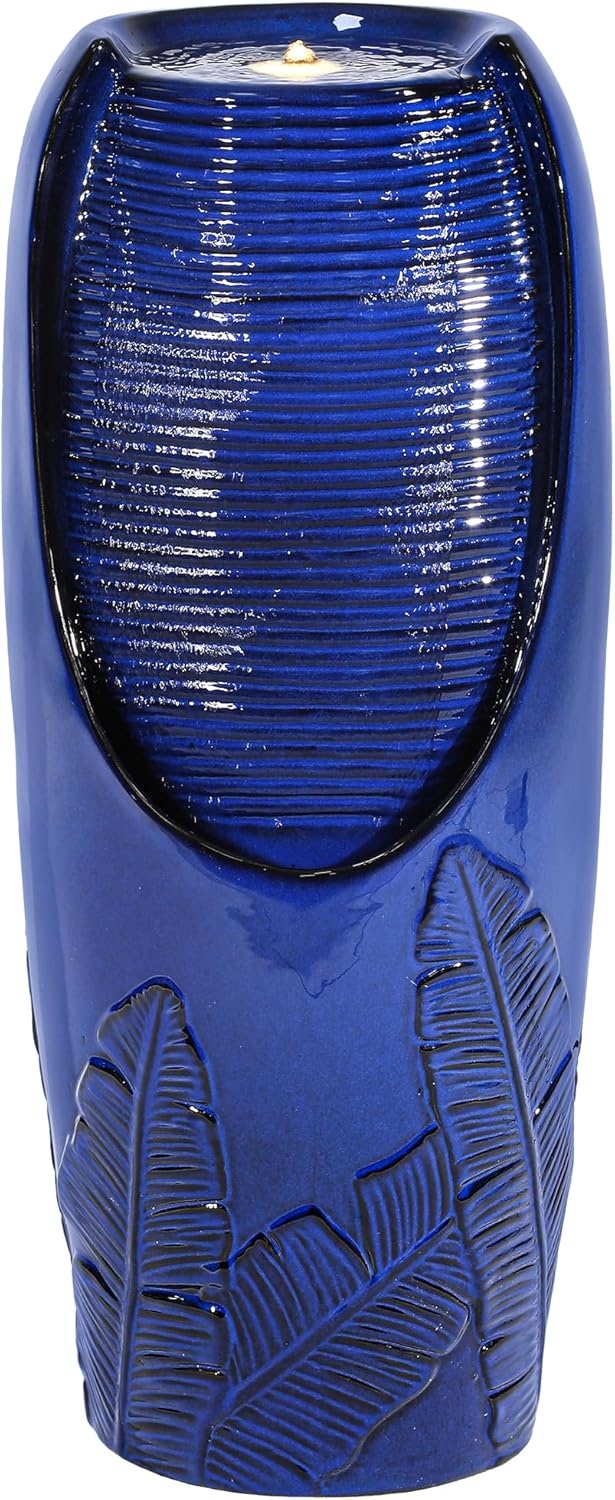 33" H Outdoor Garden Fountain with LED Lights, Modern Ceramic Jar Water Fountain, 3D Tropical Leaf Pattern, Cobalt Blue Glaze, Soothing Cascading Waterfall for Relaxing Patio, Yard, Porch