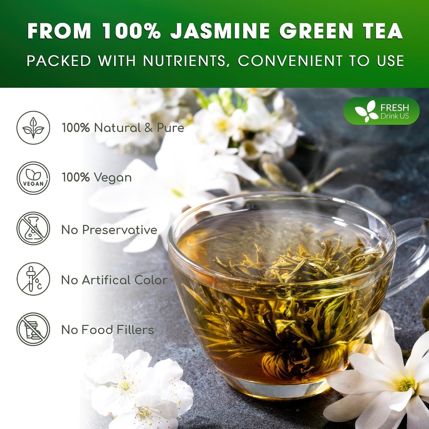 FreshDrinkUS, Premium 55 Jasmine Green Tea Bags, 100% Natural & Pure from Jasmine Green Tea. Jasmine Green Herbal Tea. Made with Natural Material Tea Bags. No Sugar, No Gluten, Vegan.