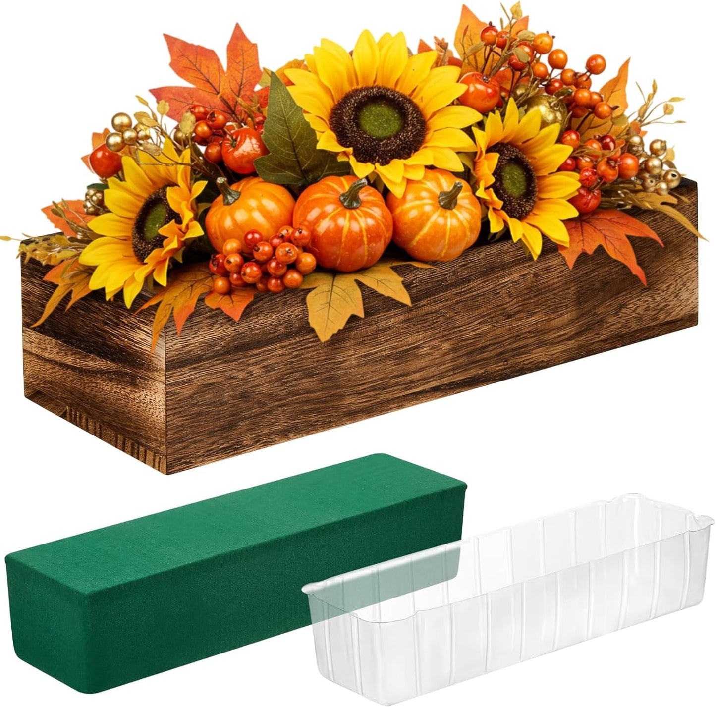 Dandat 1 Set Wood Boxes for Centerpieces 12x4 Inch Rectangle Wooden Planter Box Rustic Wood Planter with Removable Plastic Liner Floral Foam Blocks for Centerpieces Home Wedding Garden Decor