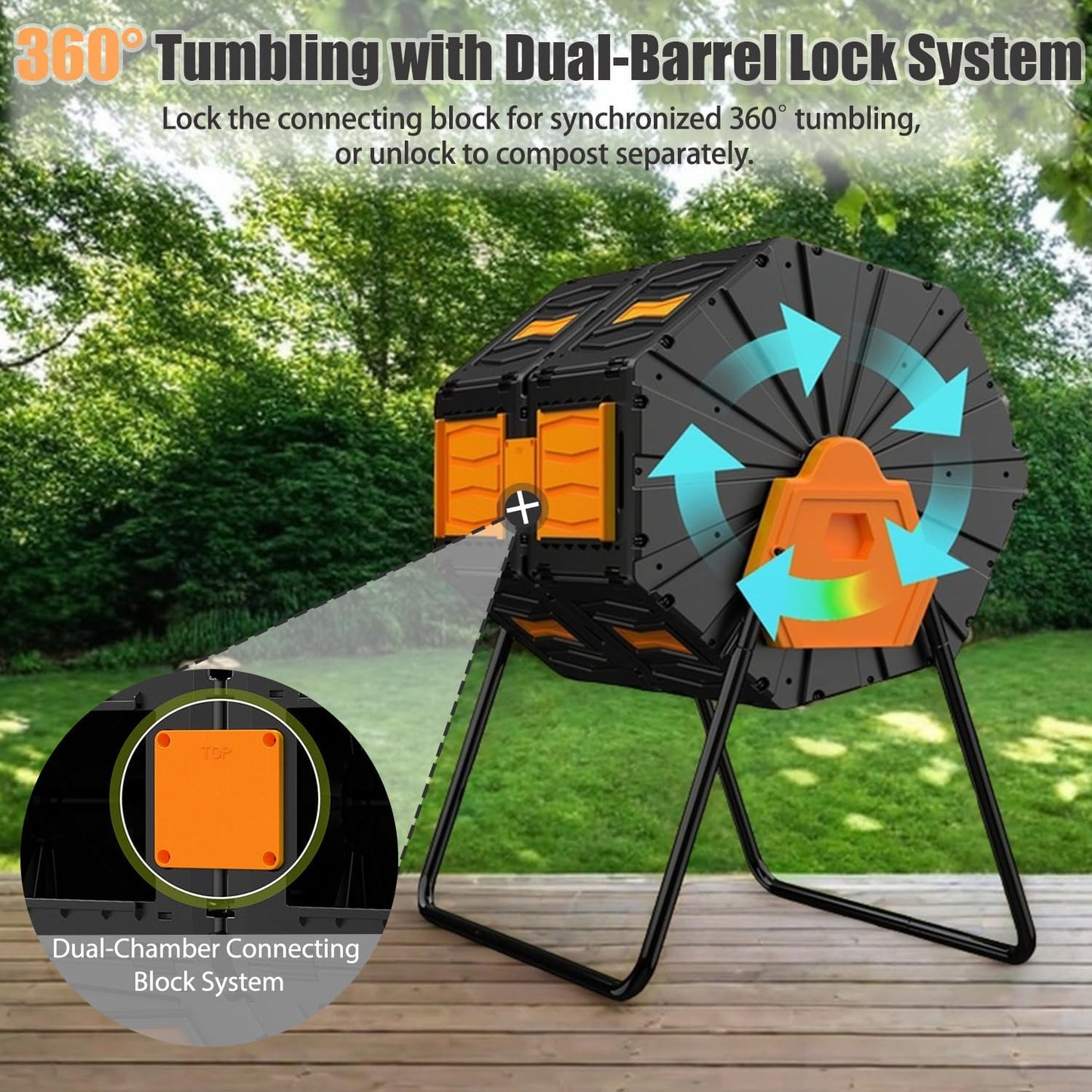 Compost Bin, 45 Gallon Dual Chamber Composter Tumbler, 360 Rotating Compost Bin Outdoor BPA-Free Fast-Working Tumbling Compost Barrel, Large Composting Bin Kitchen Garden Compost Tumbler