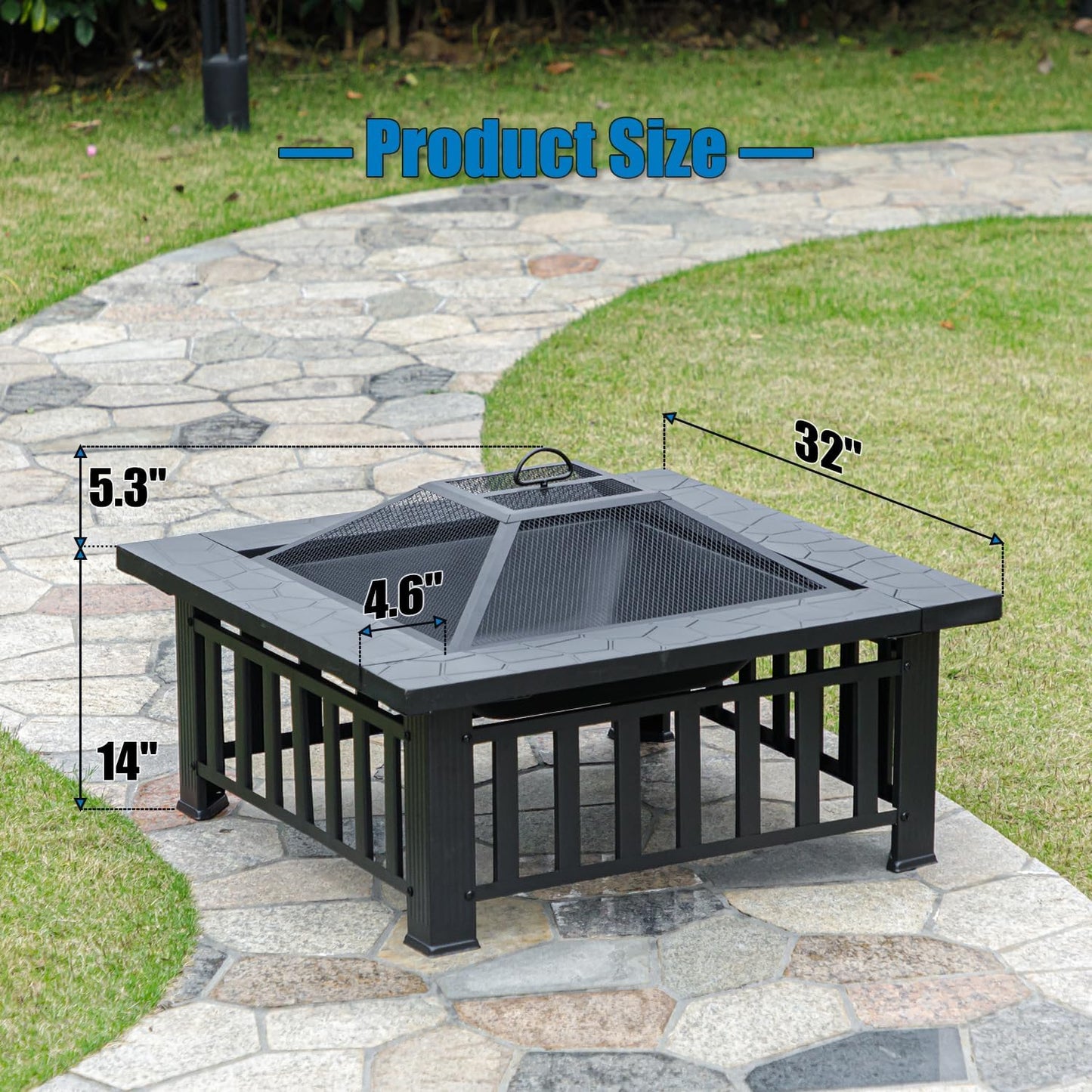 Multifunctional Fire Pit Table 32 inch Square Metal Firepit Stove Backyard Patio Garden Fireplace for Camping, Outdoor Heating, Bonfire and Picnic