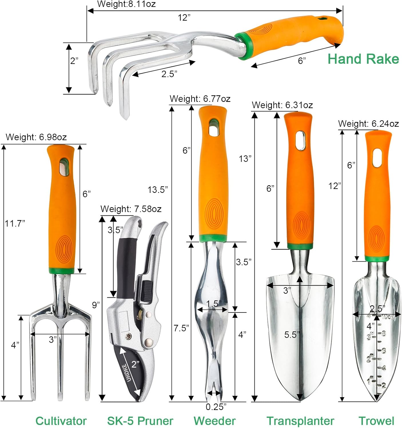 Ukoke UGP01G-7 Outdoor Tool, Heavy Duty Work Ergonomic Handle, for Women Men Set, 7 Piece Aluminum Kit, Garden Canvas Apron with Storage Pock, Orange