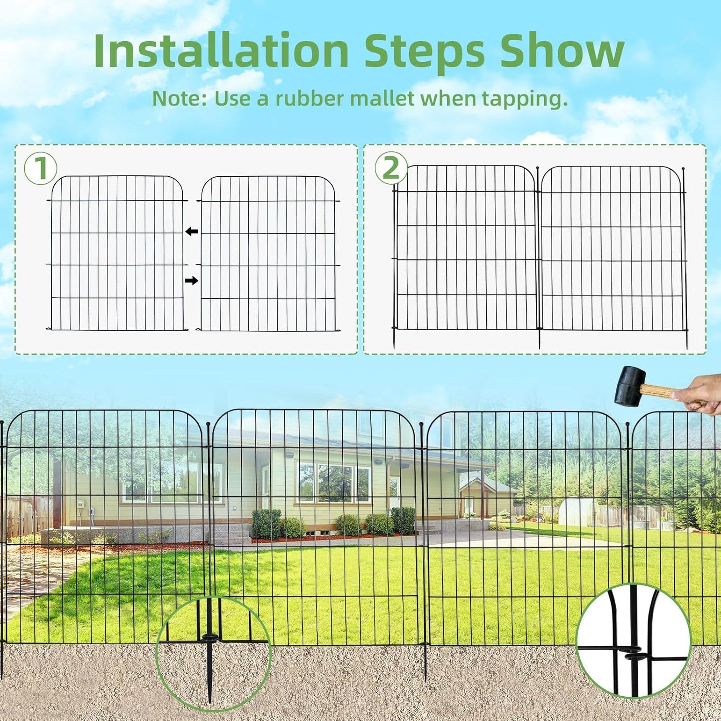 10 Panels Decorative Garden Fence with Gate for Outside, 32 in(H) X 23.6 ft(L) Rustproof Metal Wire Panel Border Fencing with Temporary Ground Stakes, No Dig Animal Barrier for Dog and Patio