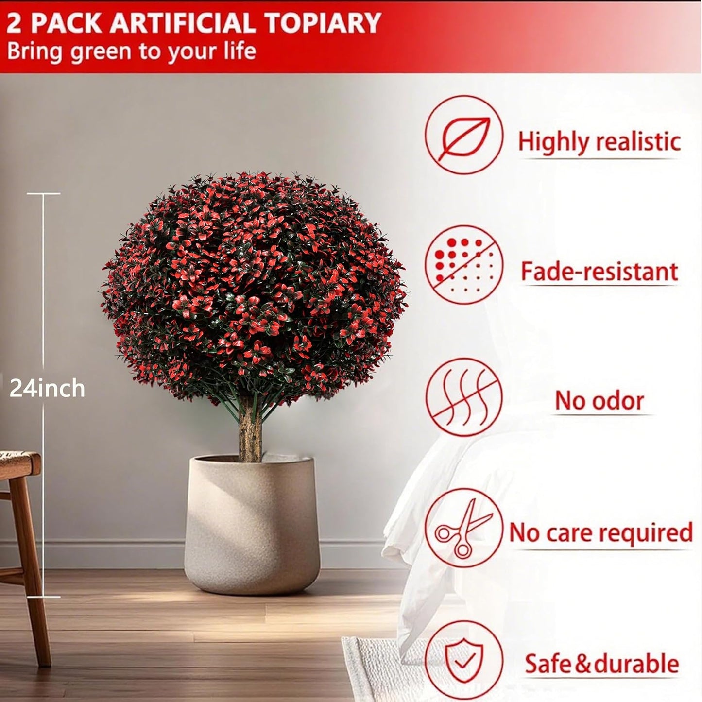 Fall Artificial Topiary Ball Boxwood Tree Outdoor with Spike,Set of 2 Large Faux Shrubs Bushes for Outdoor Planter,UV Resistant Autumn Fake Boxwood Plants for Potted Porch Indoor 24"