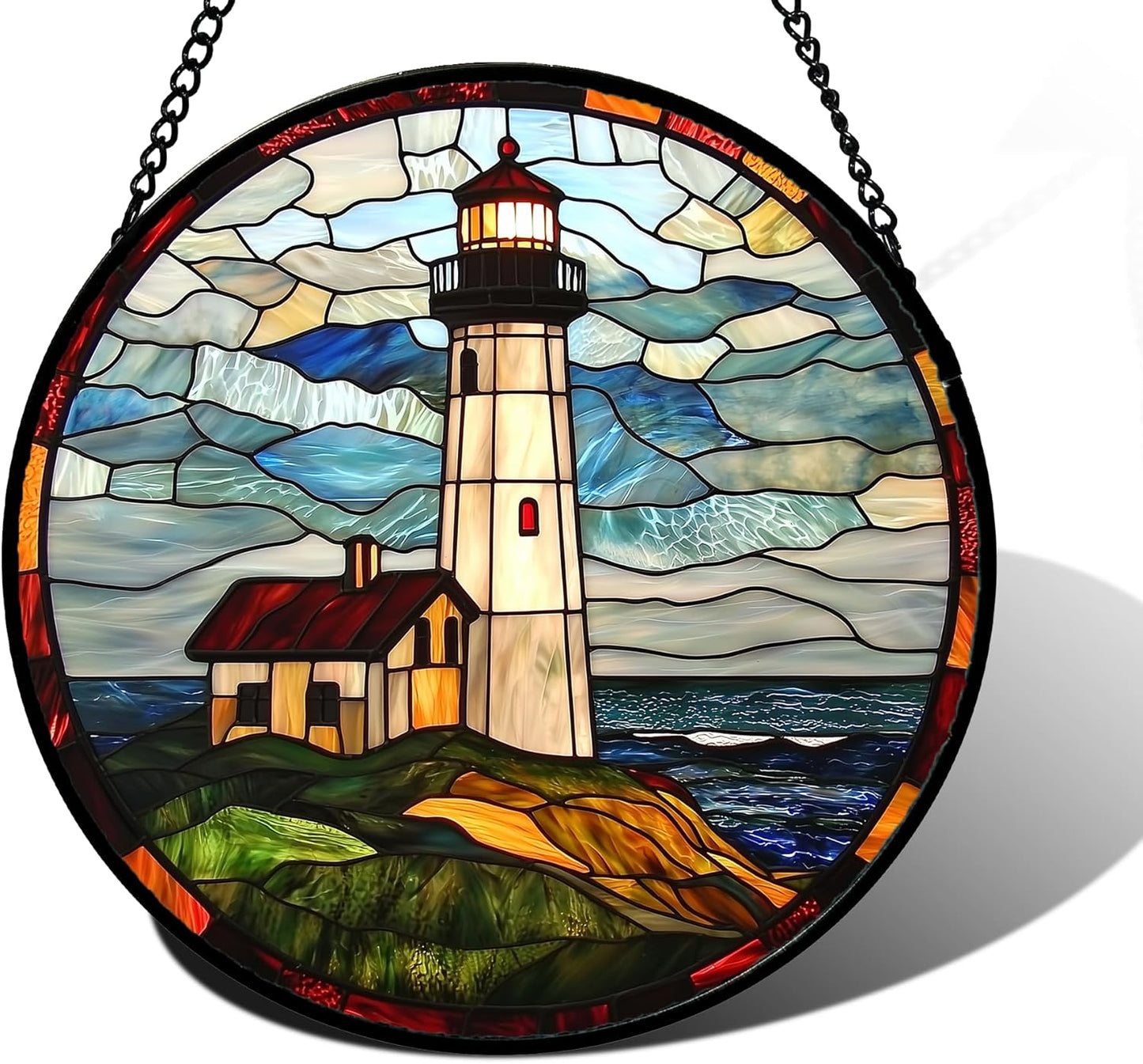 Stained Glass Window Hanging, Ocean Lighthouse Sun Catchers Glass Panel Blue Green Suncatcher Decor for Birthday for Women, Men, Wife, Aunt, and Mom 6.3 in