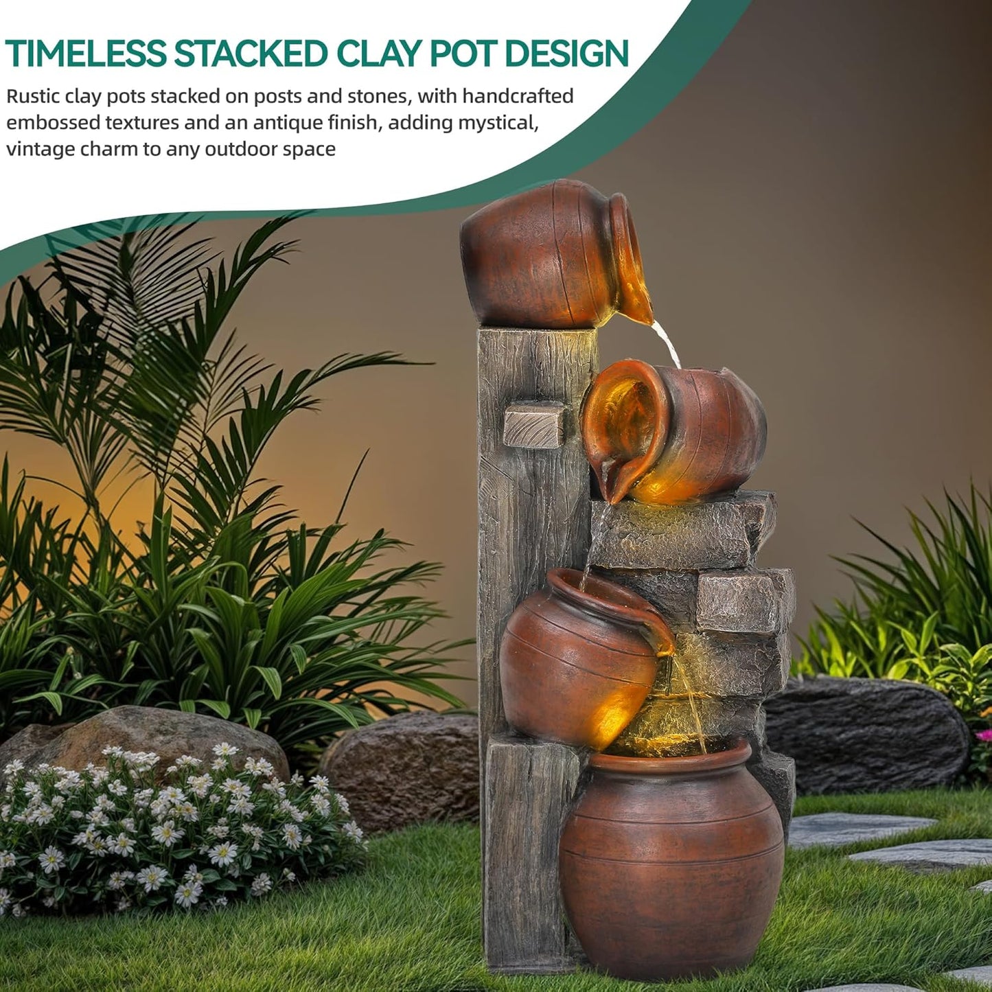 31.5" H Outdoor Water Fountain with LED Lights and Pump, Cascading Pitchers Farmhouse Garden Fountain Waterfall for Patio, Porch, or Yard