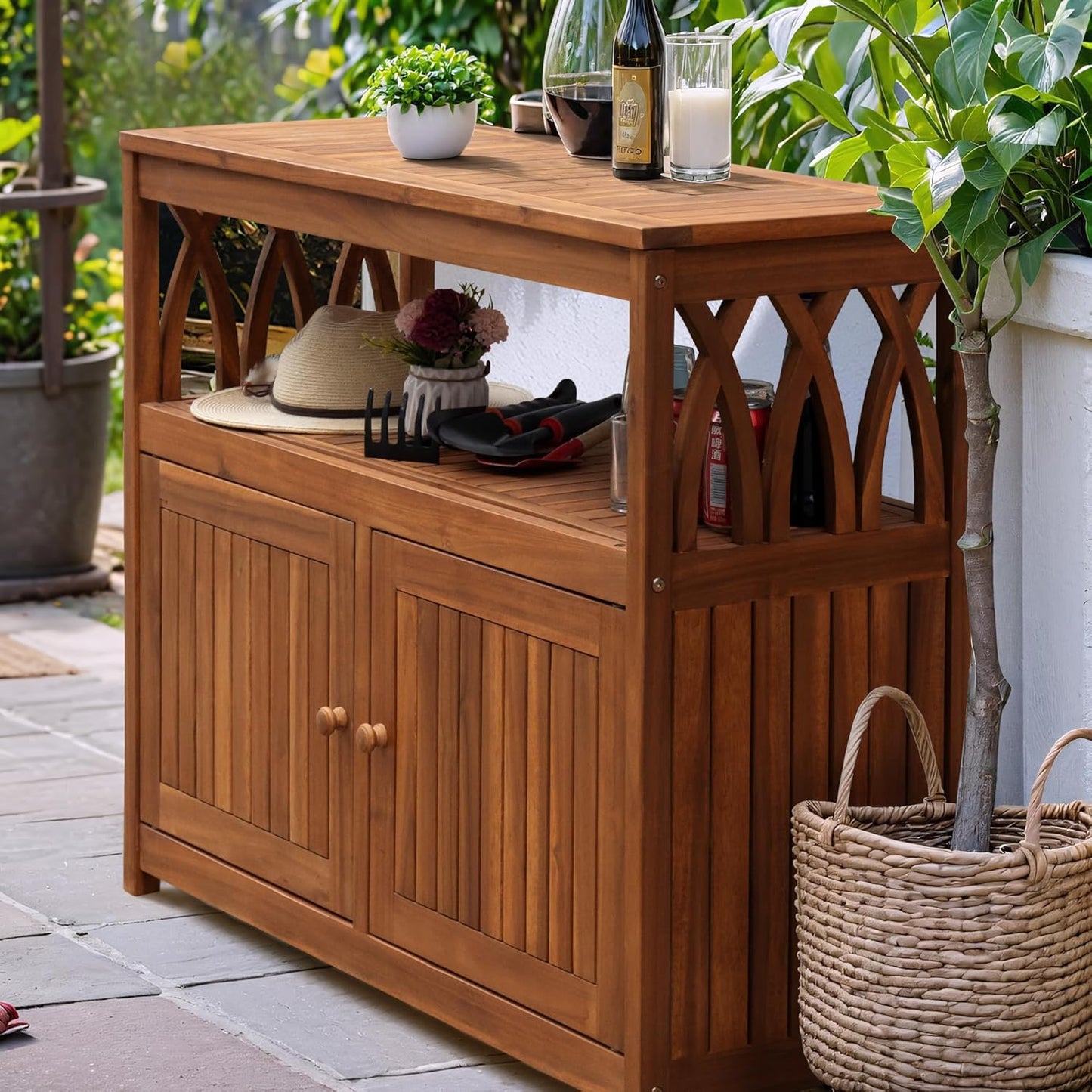 Flamaker Outdoor Storage Cabinet Weatherproof Acacia Wood Outdoor Cabinet with 2 Magnetic Doors Used for Outdoor Storage, Buffet Cabinet, TV Stand, Bar Table, Potting Table (Brown)