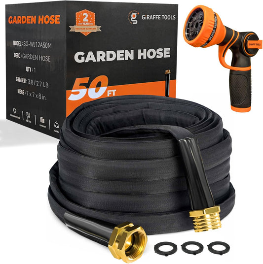 Giraffe Tools Garden Hose 50FT Lightweight Lay Flat Water Hose Kink Free Flexible Hose with 9 Spray Function Nozzle（Black）