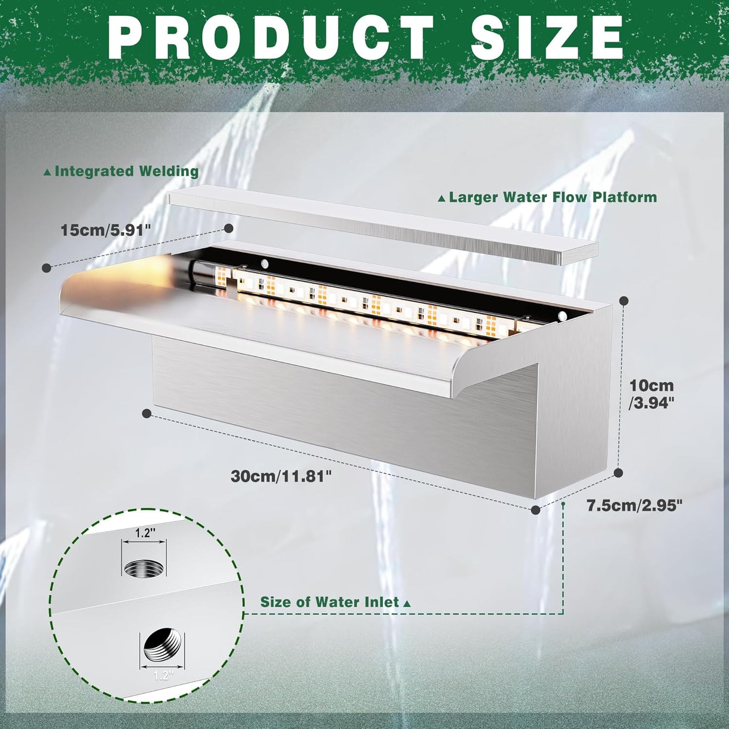 LONGRUN Waterfall Pool Fountain, Updated 5.9'' Wider Open Lip Stainless Steel Waterfall Spillway, Decorative Water Feature for Swimming Pools, Koi Ponds, Spa & Garden - 11.8''