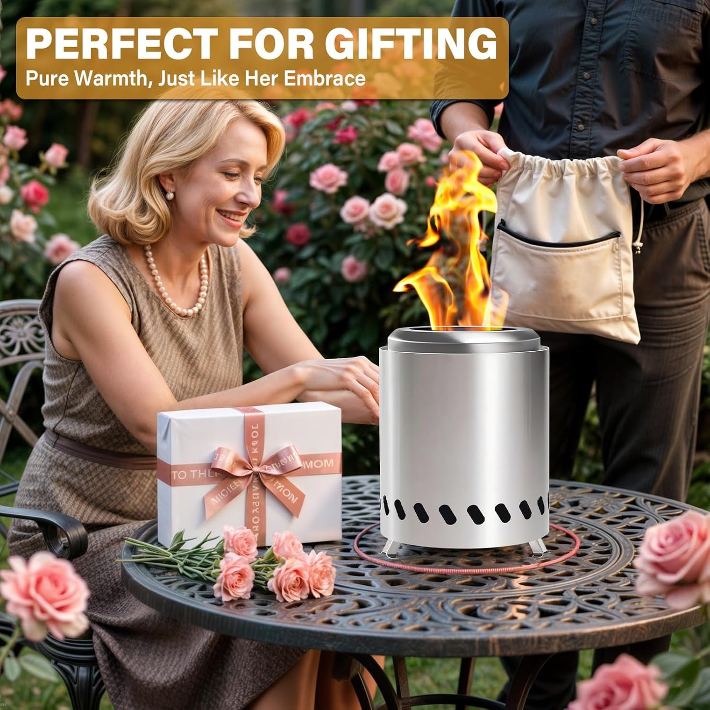 HGD 9.8 x 8.7 in Small Tabletop Fire Pit, Portable Mini Smokeless Table Top Firepit, Low Smoke Camping Stove for Outdoor & Patio, Fueled by Pellets or Wood, with Travel Bag, Stainless Steel, Silver