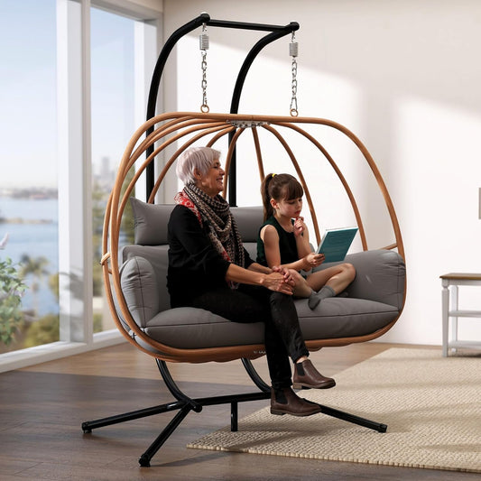 Double Egg Swing Chair Outdoor, 2 Person Egg Chair Outdoor with Cushions, Imitation Rattan Hanging Egg Chairs Basket, Hanging Chairs with Stand, Metal Nest Swing Egg Chair for Balcony, Grey