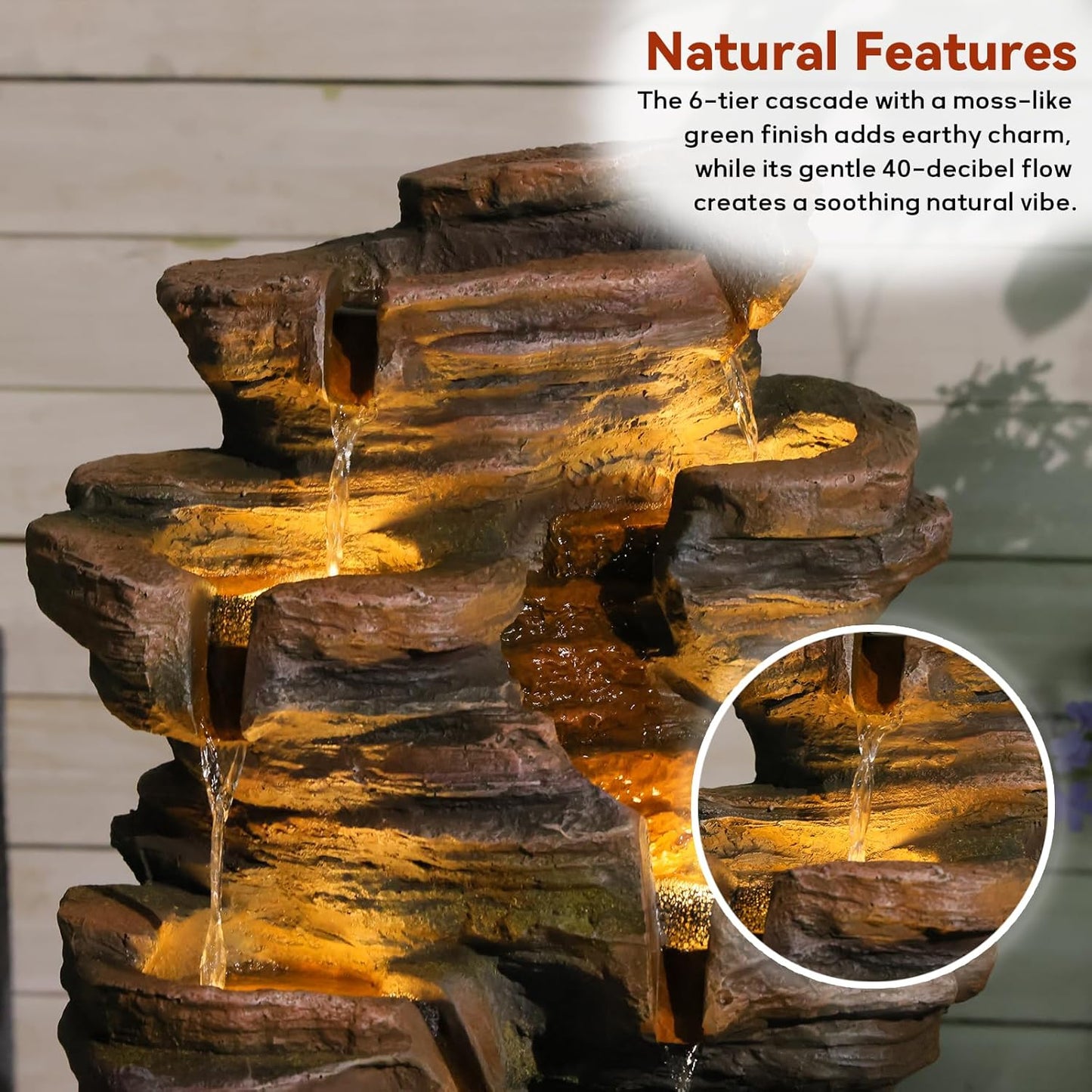 24.2" H 6-Tier Outdoor Water Fountain, Features Rock Garden Waterfall Fountains with Warm Lights, Floor-Standing for Patio, Backyard, Deck, Porch, Home Décor, Brown