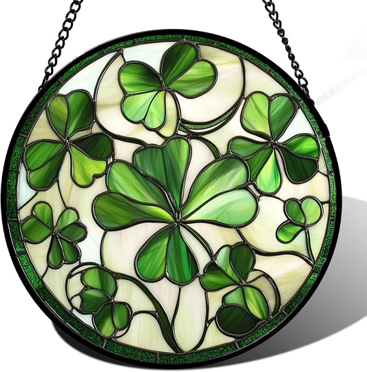 Stained Glass Window Hanging - Green Clover Flowers Suncatcher for Doors Garden St. Patrick's Day Plant Floral Sun Catchers Decor Mother's Day Birthday Gifts for Women Men Mom Nana 15 in