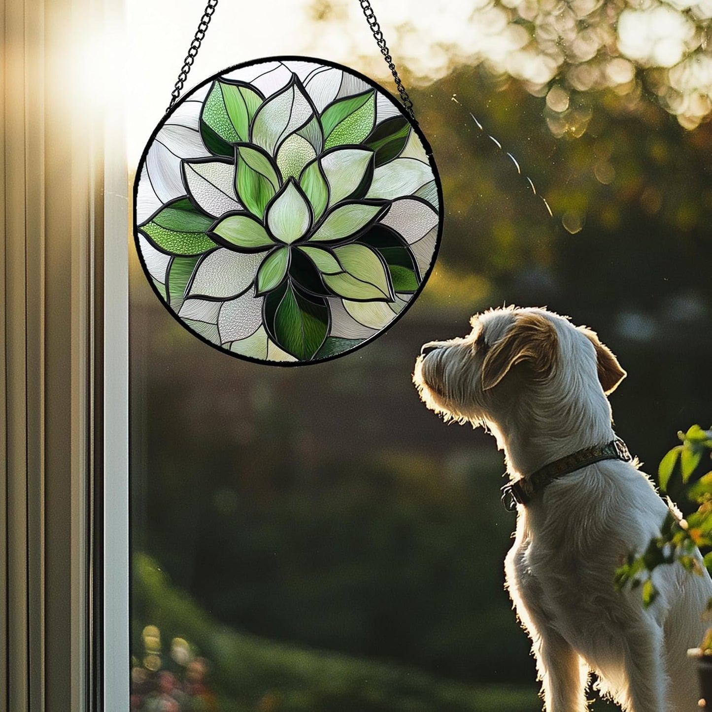 Stained Glass Window Hanging - Green Succulent Plants Suncatcher for Doors Garden Patio Floral Sun Catchers Decor Christmas Mother's Day Birthday Gifts for Women Men Mom Nana Friend 6.3 in