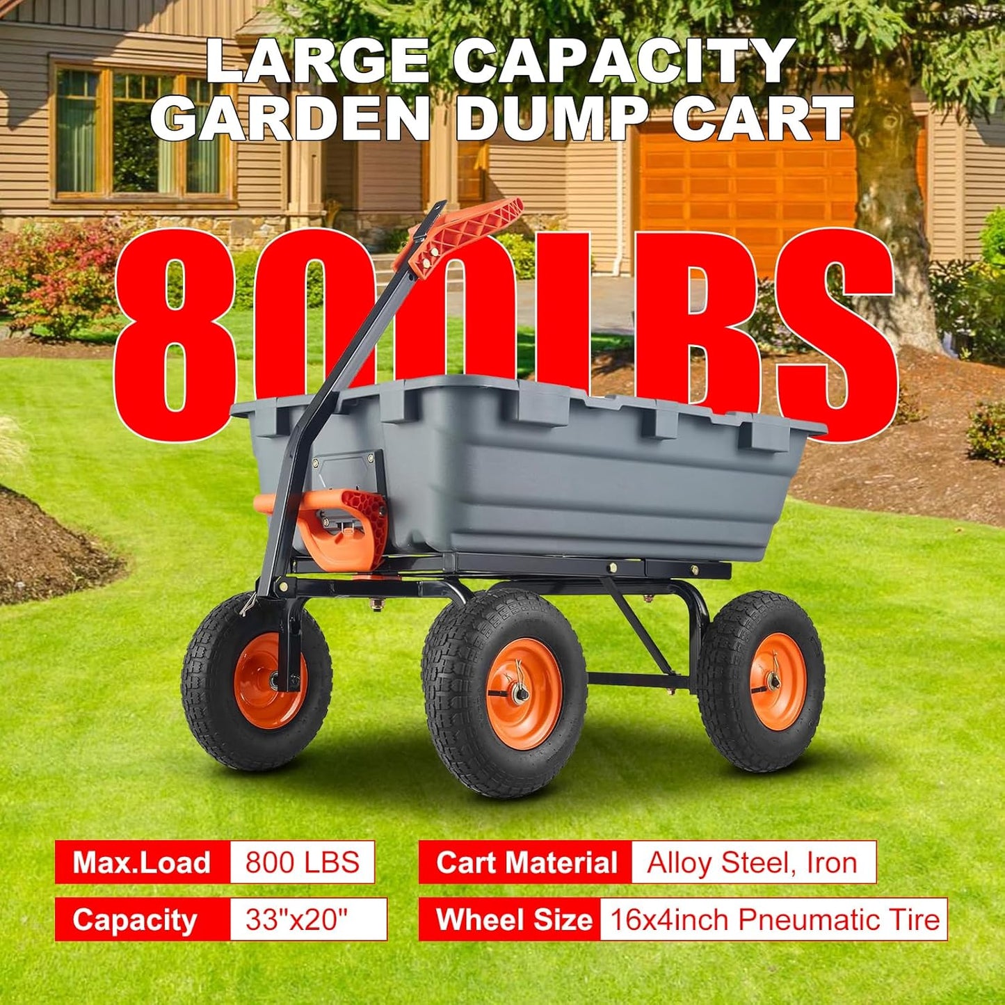 Garden Dump Cart, Poly Yard Dump Cart Wagon with 10-Inch Tires, 180° Rotating Handle, Heavy Duty Garden Carts and Wagons Heavy Duty