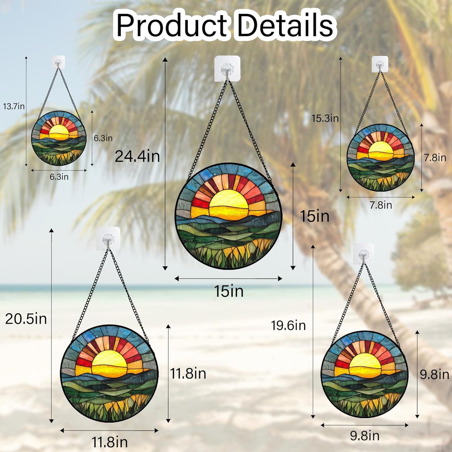 Stained Glass Window Hanging, Golden Red Sun Green Mountain Suncatcher for Window Home Decor Nature Landscape Sun Catcher Mother's Day Birthday Gifts for Women Men Mom Nana 7.8 in