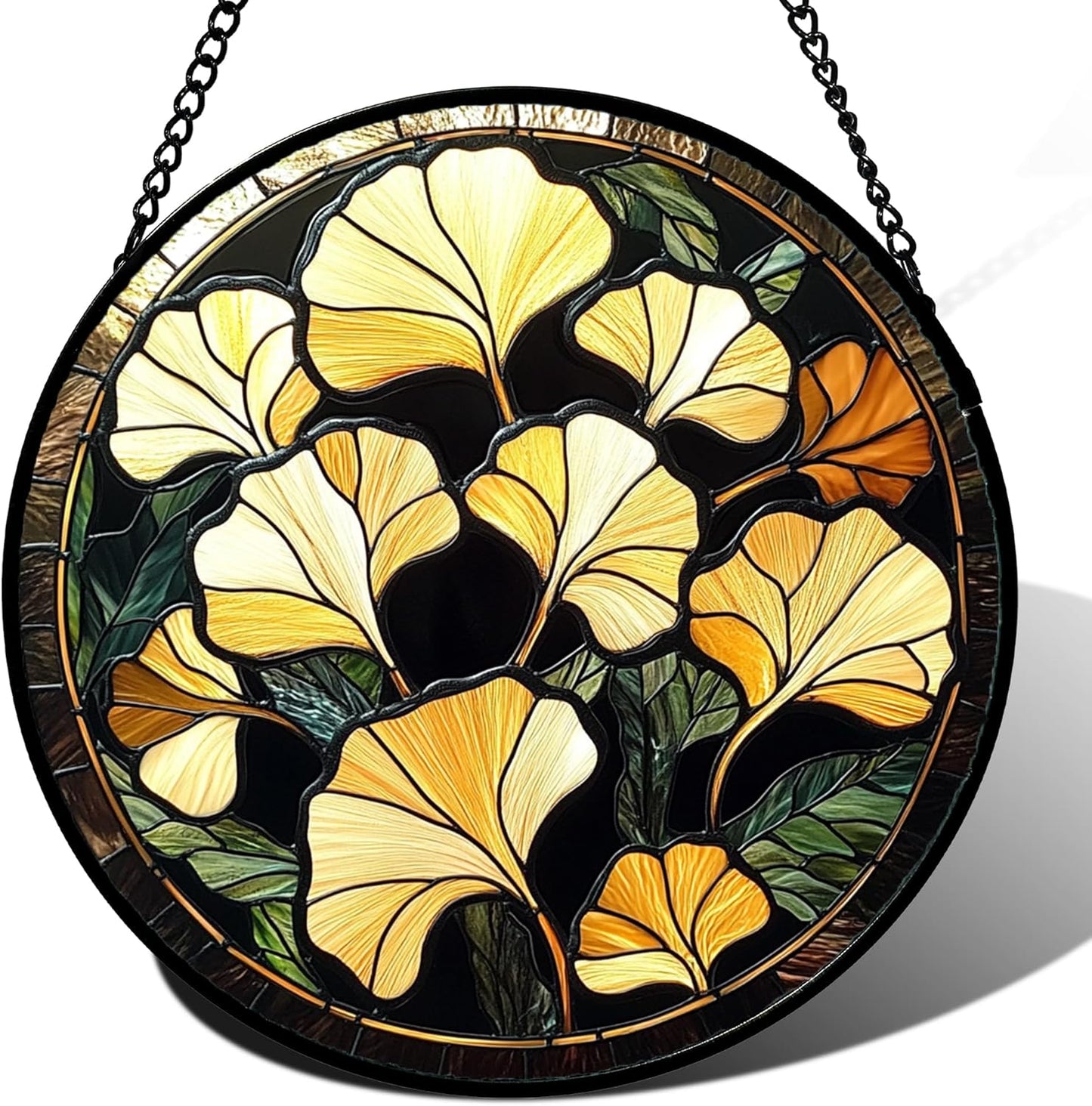 Stained Glass Window Hanging - Ginkgo Leaf Suncatcher for Doors Garden Patio Retro Fall Decor Sun Catchers Christmas Mother's Day Birthday Gifts for Women Men Mom Nana Friend 6.3 in