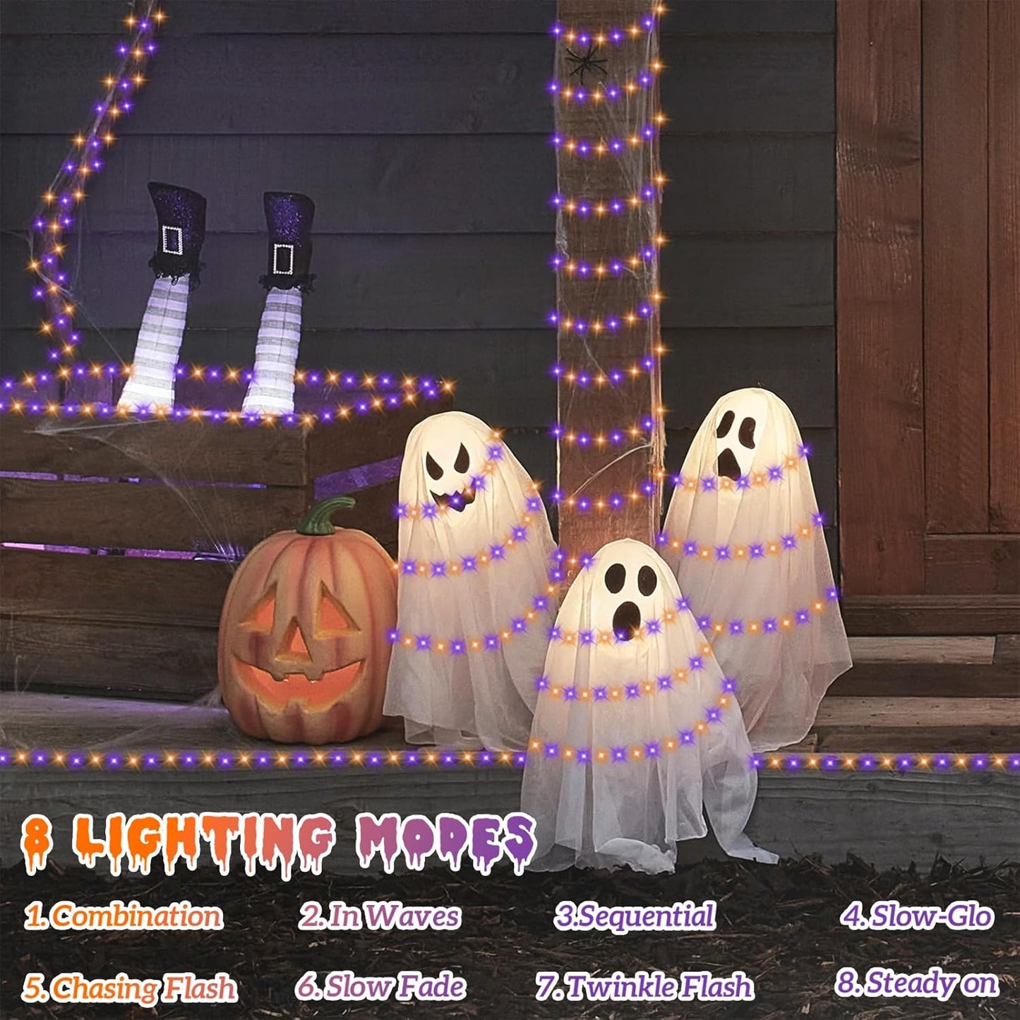 QITONG 4 Pack Orange and Purple Solar Fairy Lights, Each 33ft 100 LED Halloween Lights Outdoor Waterproof, 8 Modes Copper Wire Solar String Lights