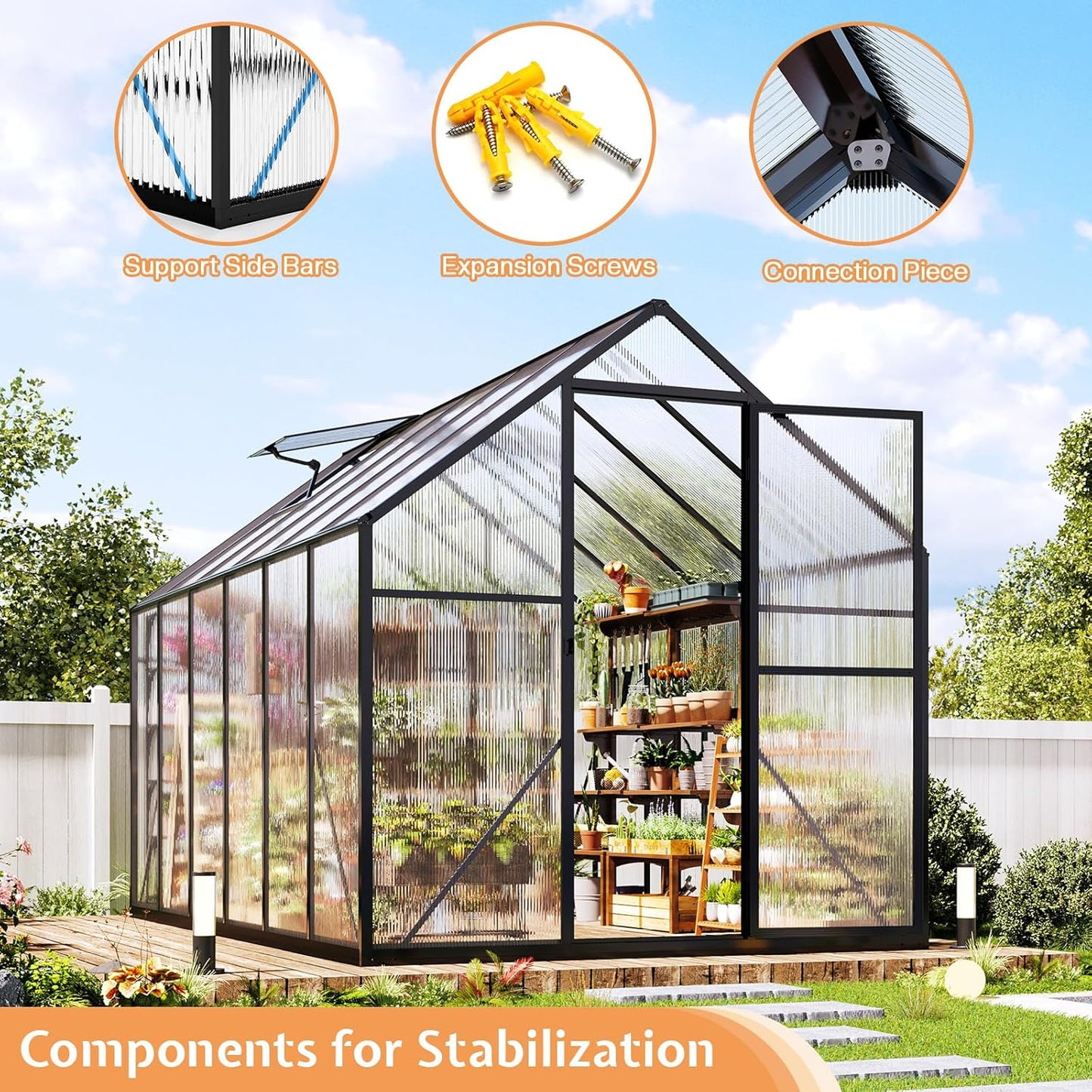 Jocisland 6x12x6.3 FT Polycarbonate Greenhouse for Outdoors with 2 Windows, Dual Swing Doors, Aluminum Walk-in Frame, Heavy Duty Garden Greenhouse for Backyard, Black