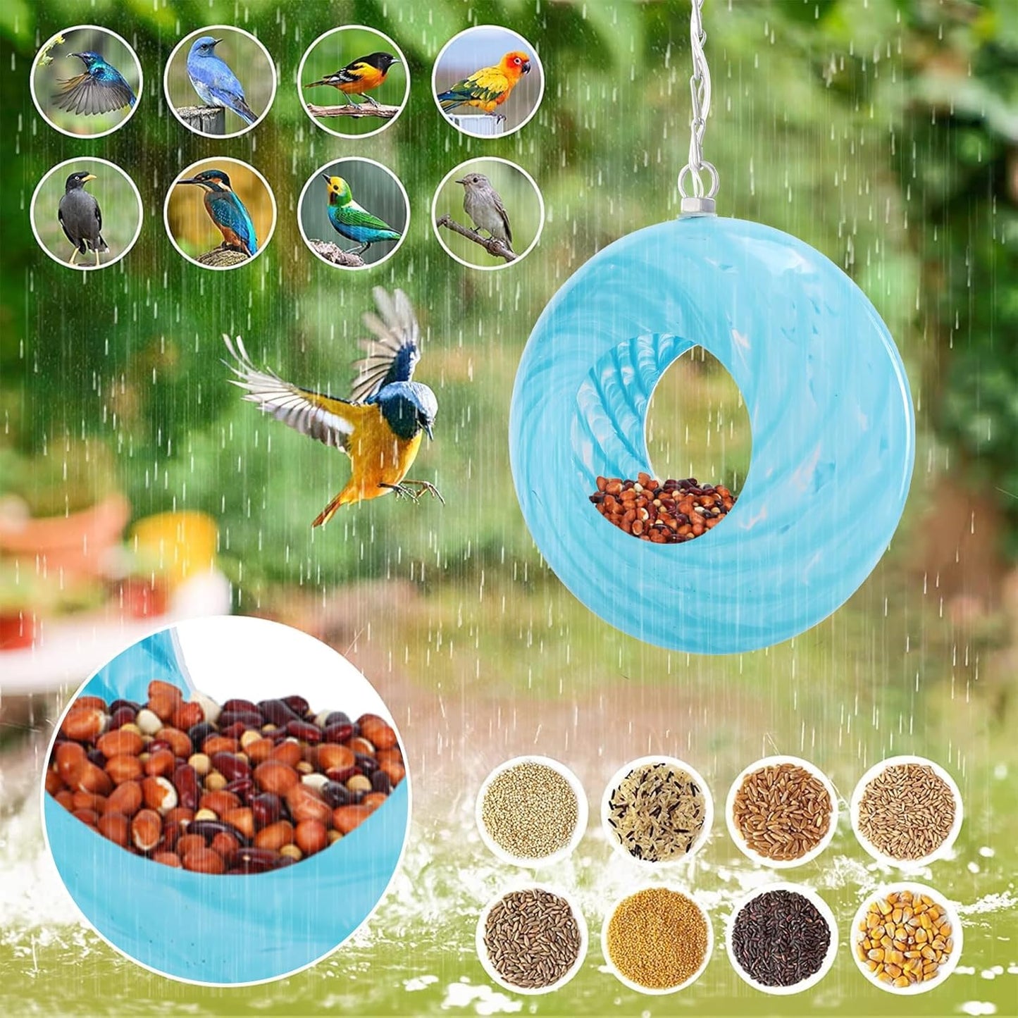 Bird Feeder Fly Through Bird Feeders for Outside Hanging with Round Shape Glass Container Solar Wild Birds Feeder for Garden Decor, 8-Inch (Cyan)