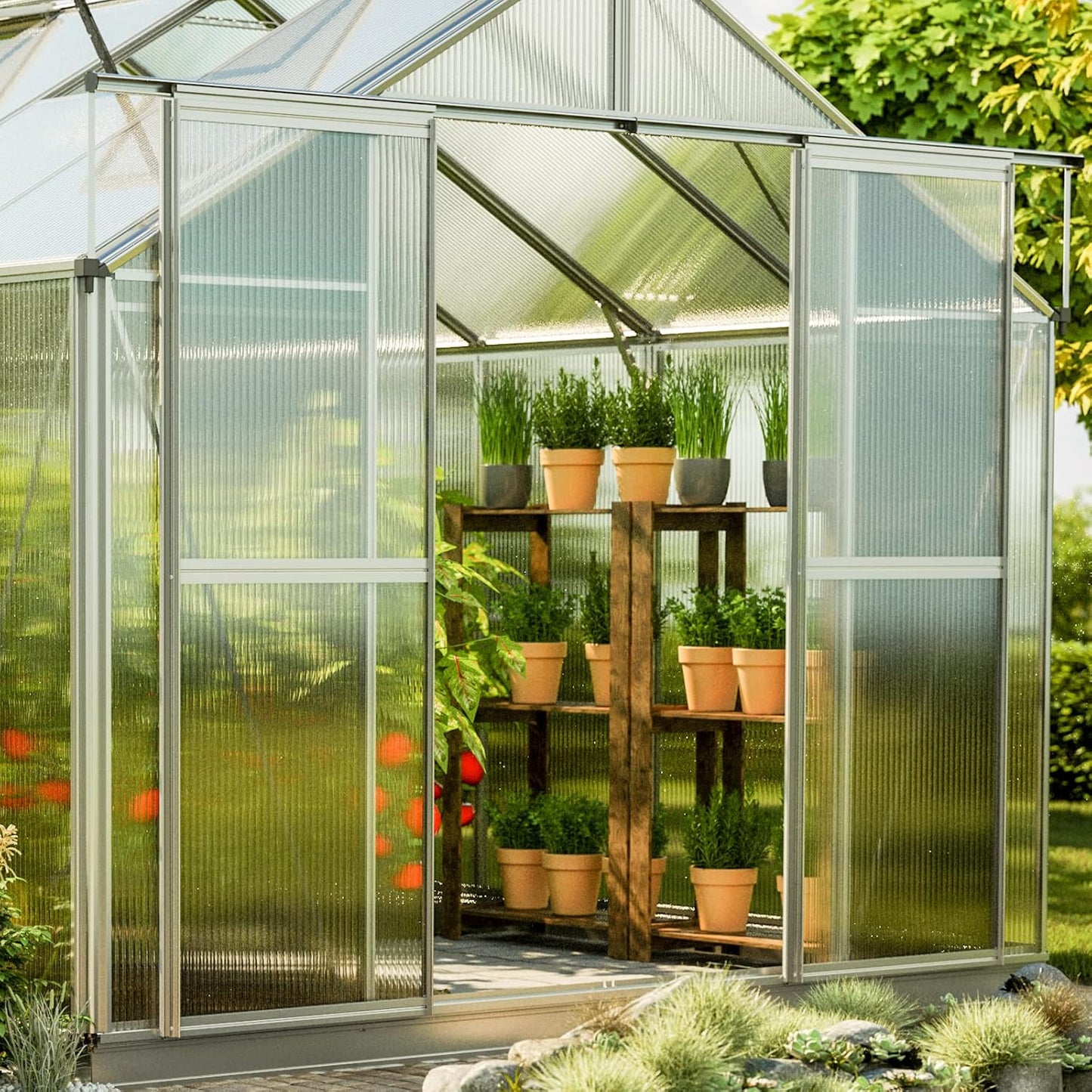 Greenhouse Topas 5 Aluminum Frame 7.4 x 10.6 ft Approx. 6 mm Polycarbonate Panels - with Bonus Base Frame and Automatic Vent Opener