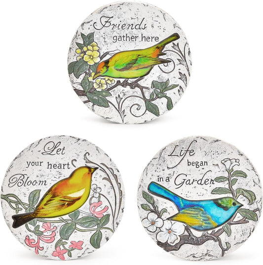 Sungmor 3PC Pretty Garden Stepping Stones, 9.5" Large Concrete Decorative Stones with Beautiful Pattern, Unique Outdoor Lawn Accents, Yard Walkway Flower Bed Wall Shelf Welcome Friends Decorations