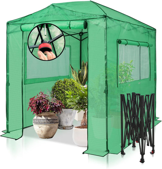 EAGLE PEAK Instant Pop-up Greenhouse, Indoor Outdoor Plant Gardening Green House, Roll-Up Zipper Doors and Side Windows, Walk in 8x6 ft, PE Cover, Green/Clear