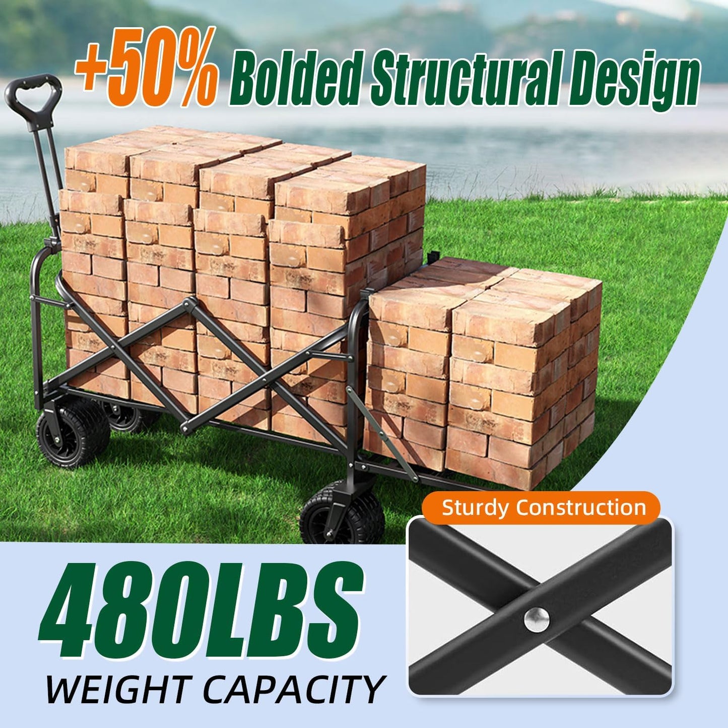 Collapsible Wagon Cart Foldable with Tailgate, 47" L 480lbs Capacity, Heavy Duty Beach Wagon with Wheels Brake, Shopping Carts for Grocery, Camping, Beach, Garden Cart