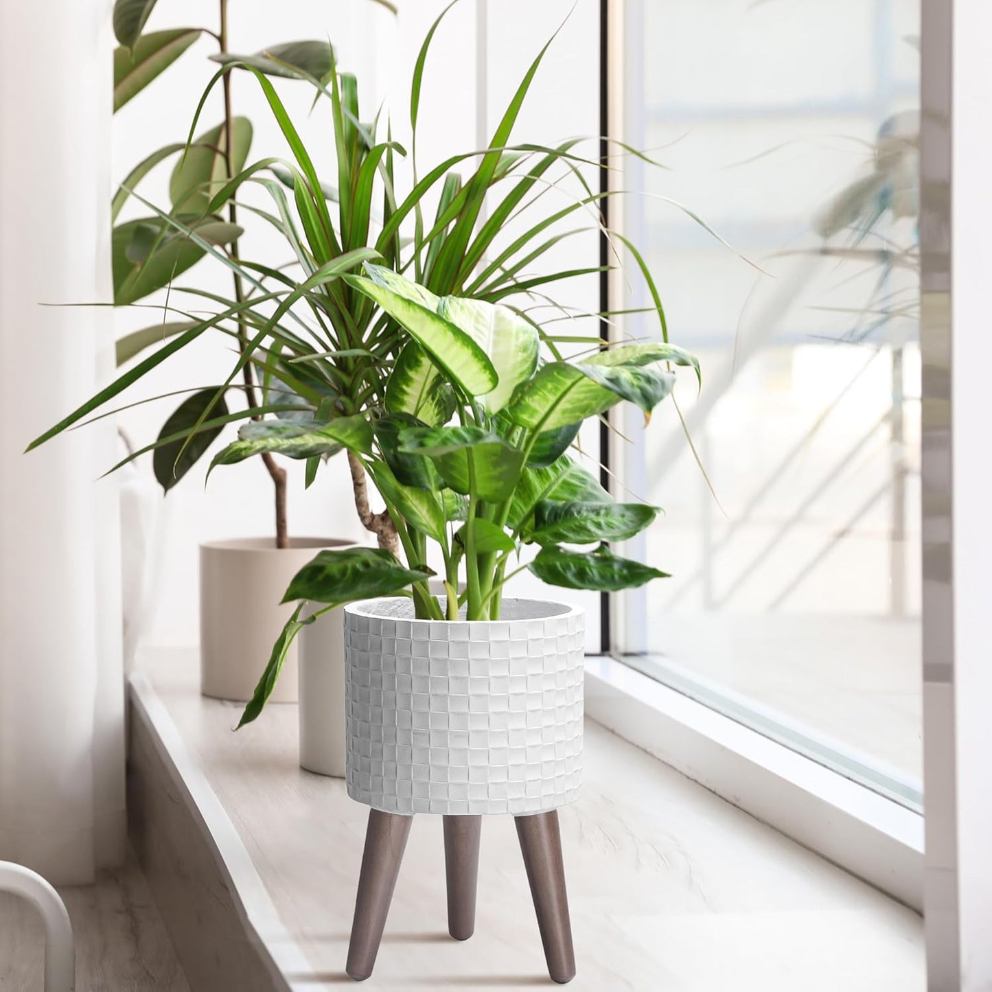 D'vine Dev 8 Inch Modern Geometric Tile Patterned Sleek Planter Pot with Stand, Indoor Outdoor Decorative Plant Holder, Matte White, 88-Z-A-1