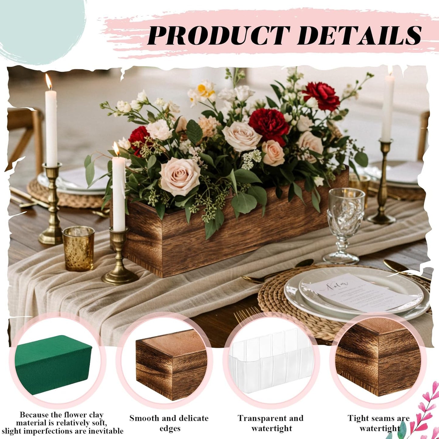 Dandat 5 Set Wood Boxes for Centerpieces 12x4 Inch Rectangle Wooden Planter Box Rustic Wood Planter with Removable Plastic Liner Floral Foam Blocks for Centerpieces Home Wedding Garden Decor