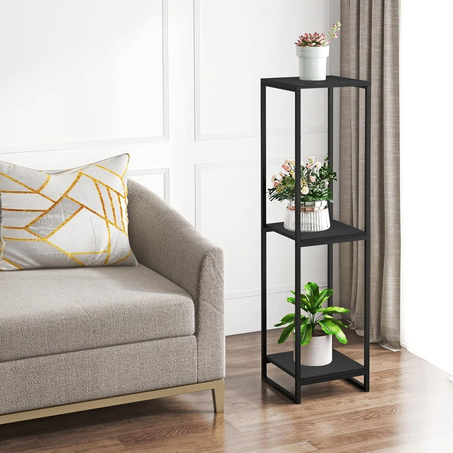 46" Tall Plant Stand Indoor, 3-Tier Modern Plant Shelf, Corner Flower Pot Holder Organizer for Living Room Balcony Patio Garden (Black)