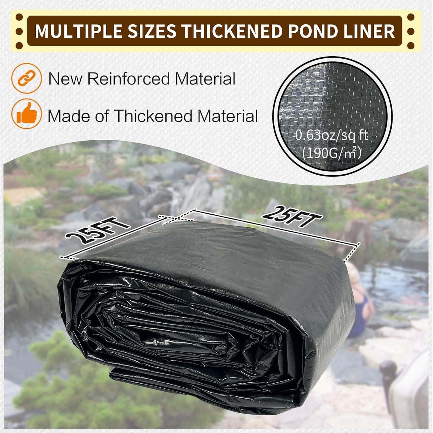 yeezoo 25X25FT Reinforced Large PE Pond Liner, KOI Pond Liners for Outdoor Ponds, Enhanced 5-Layer Structure Pond Liner for Fish, Duck, Garden Raised Bed and Waterscape Pond(0.63oz/sq ft Thickness)